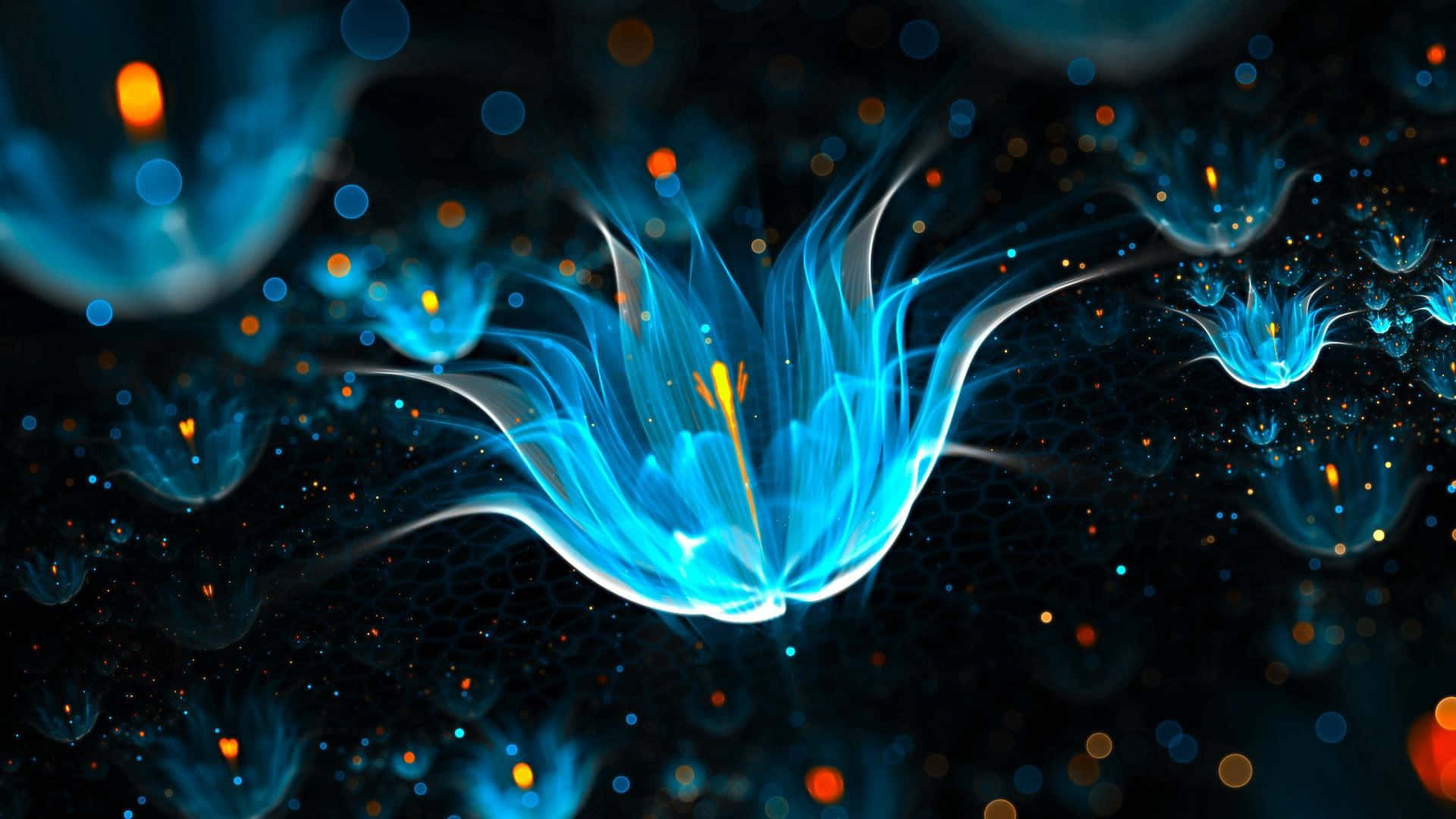 Fluorescent, blue fractal flower, orange sparks, Full HD Desktop Wallpaper