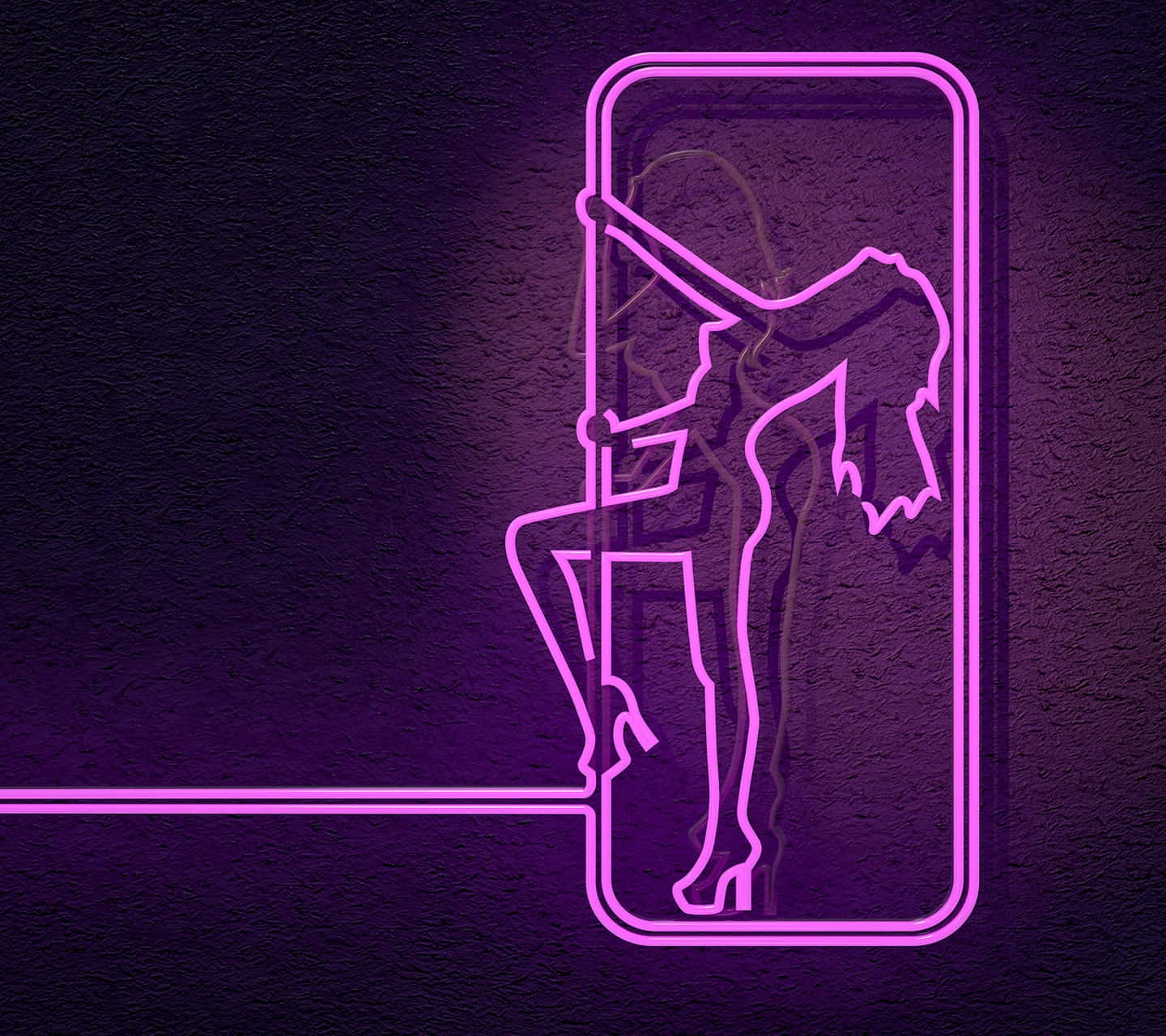 glowing pink neon sign, stylized woman climbing a ladder, dark textured wall, HD Desktop Wallpaper
