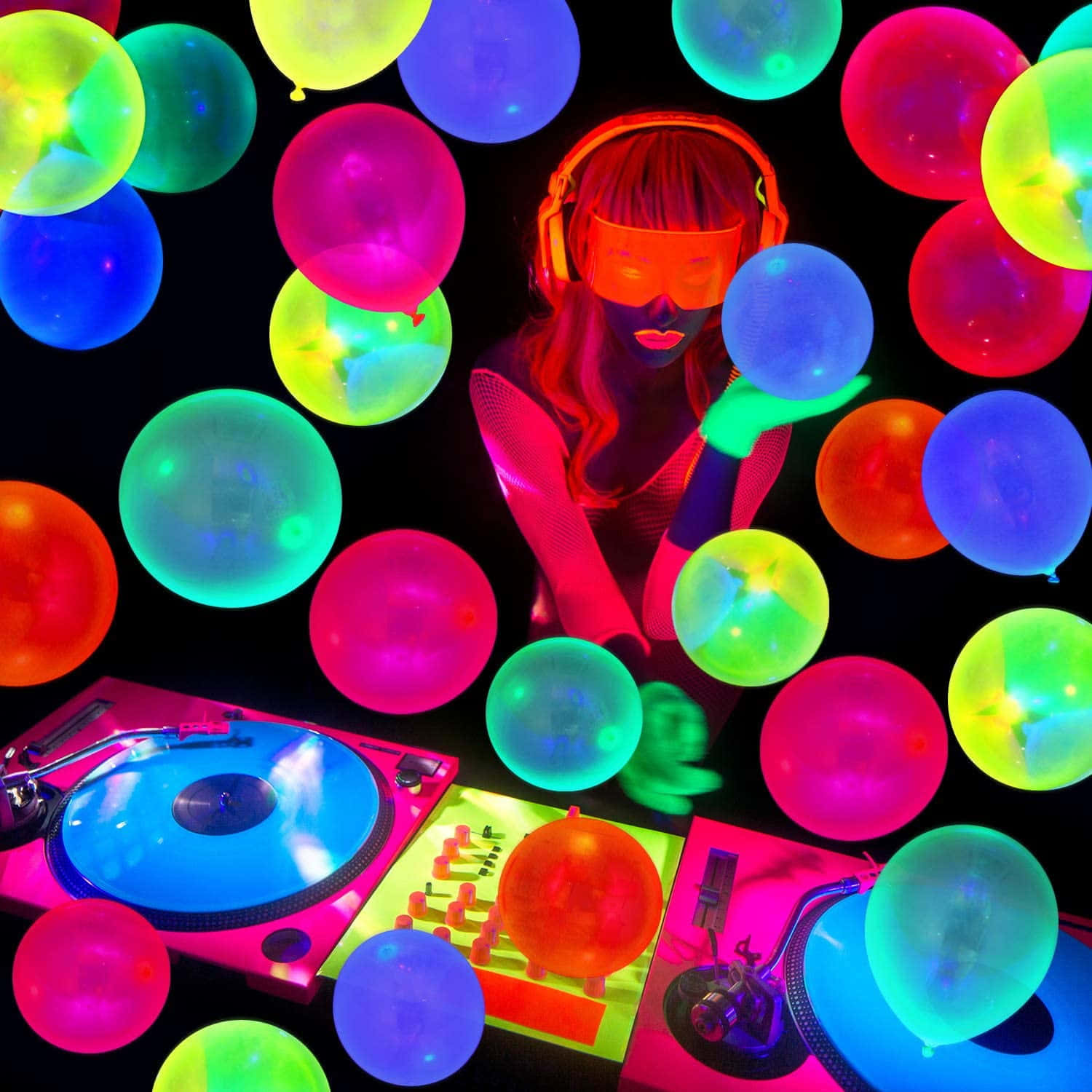 Fluorescent, neon headphones, vibrant fluorescent balloons, HD Desktop Wallpaper