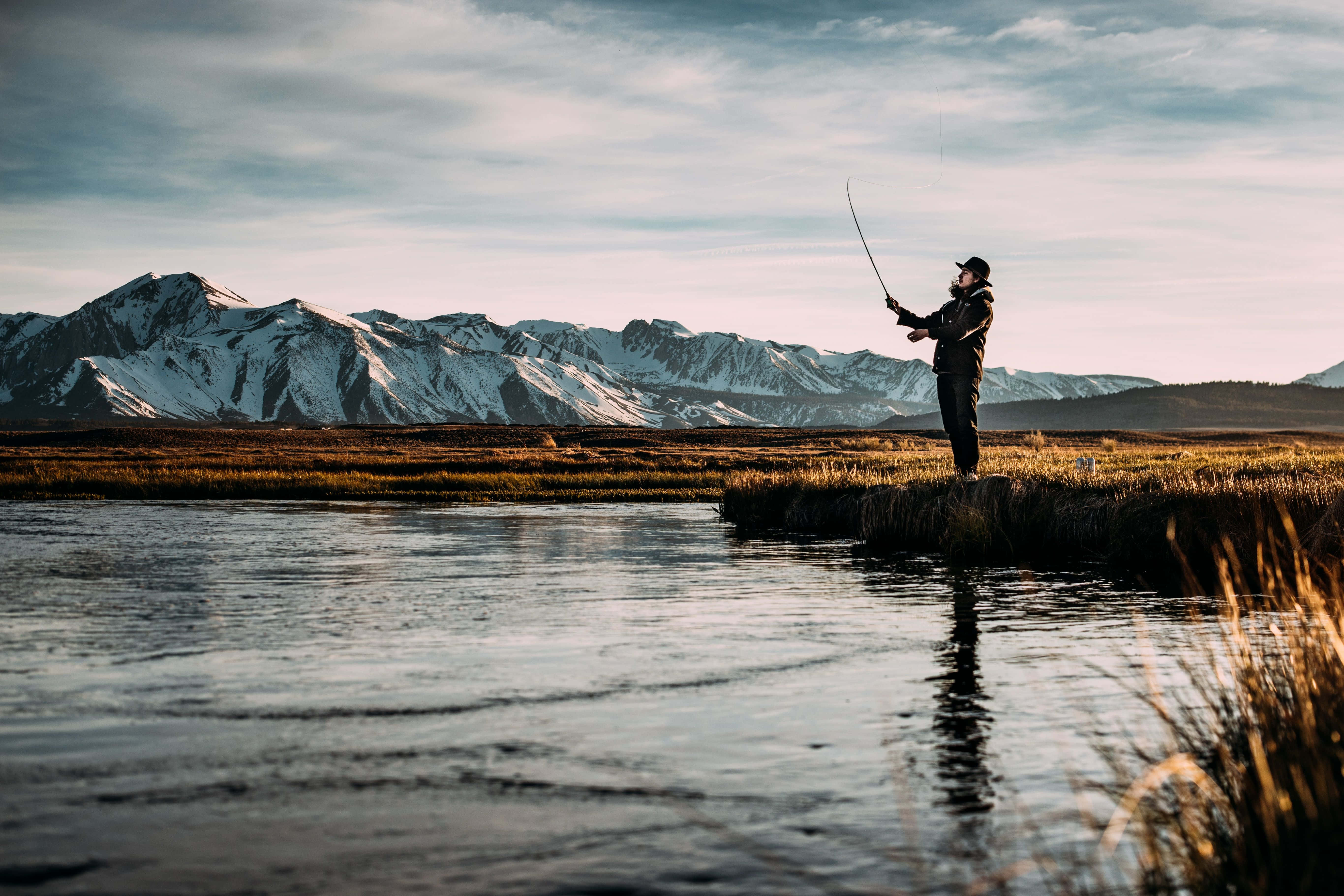 fly fishing, riverbank, snow-capped mountains, 5K Desktop Wallpaper