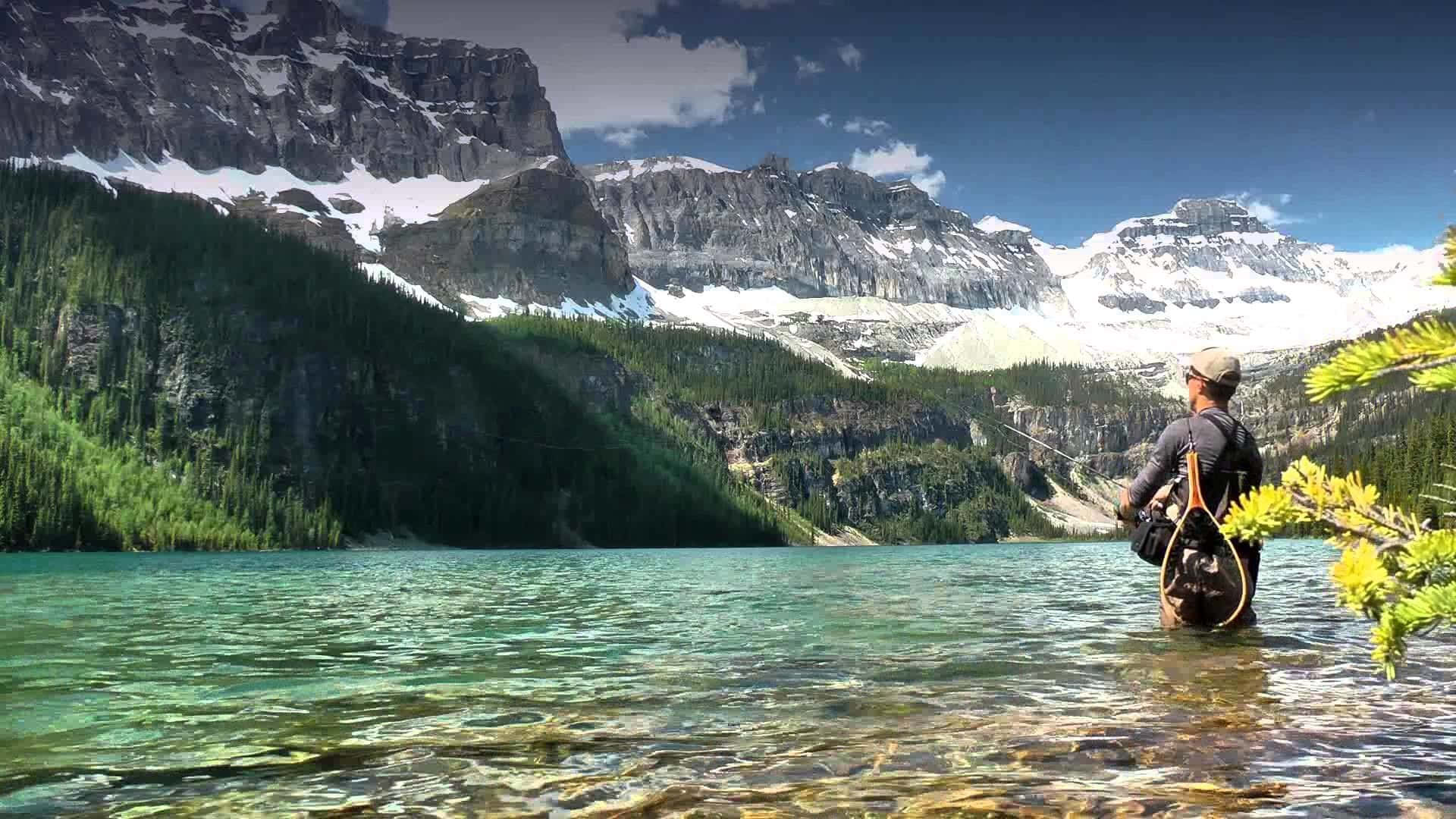fly fisherman, alpine lake, snow-capped mountains, Full HD Desktop Wallpaper