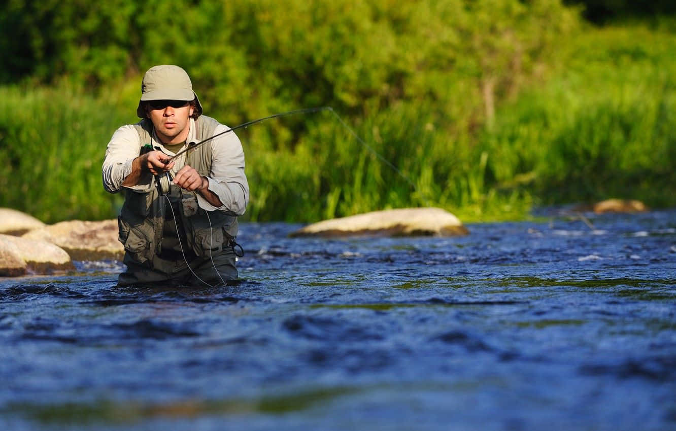 fly fishing, sunlit river, lush green banks, HD Desktop Wallpaper