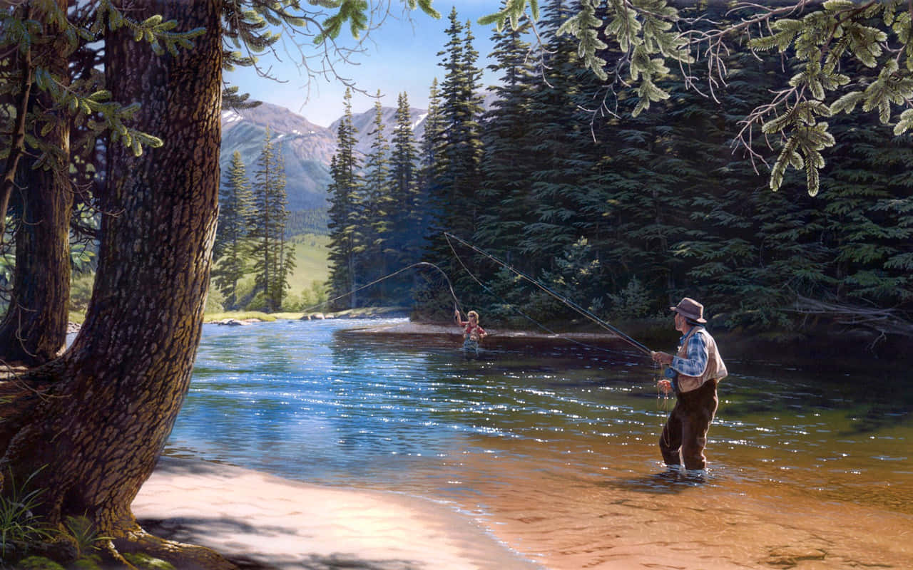 fly fishing, mountain river, evergreens, HD Desktop Wallpaper