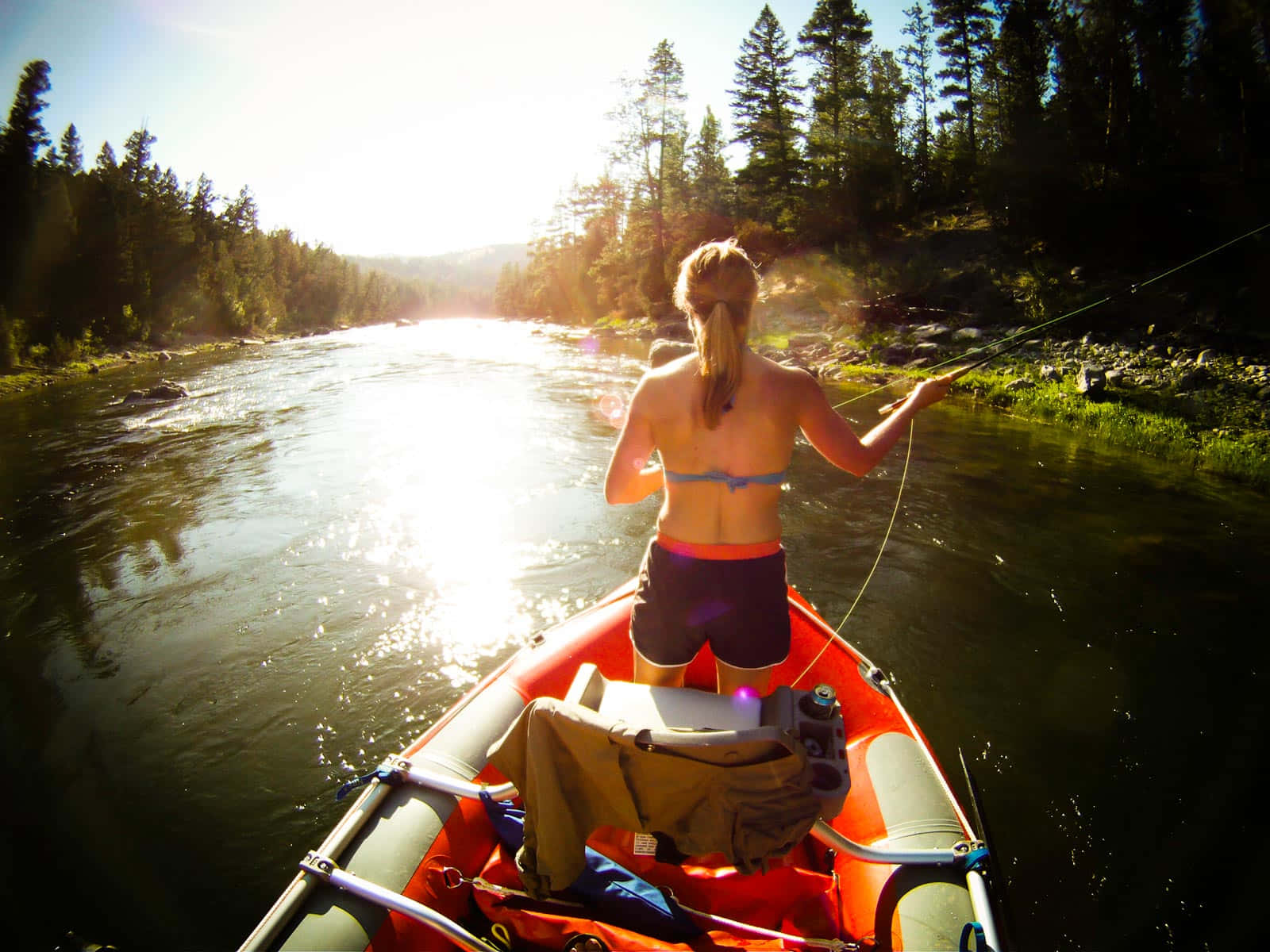 fly fishing, red kayak, sun-dappled river, HD Desktop Wallpaper