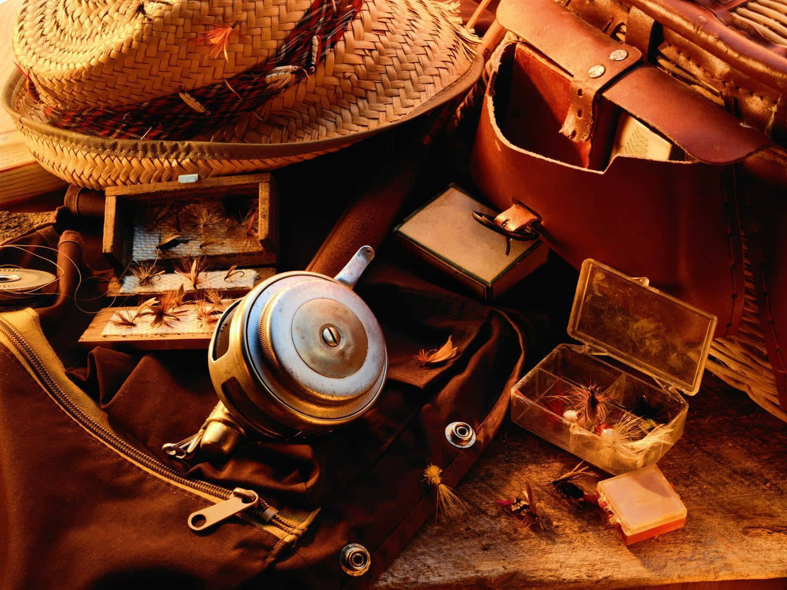 fly reel, tackle boxes, wooden surface, HD Desktop Wallpaper