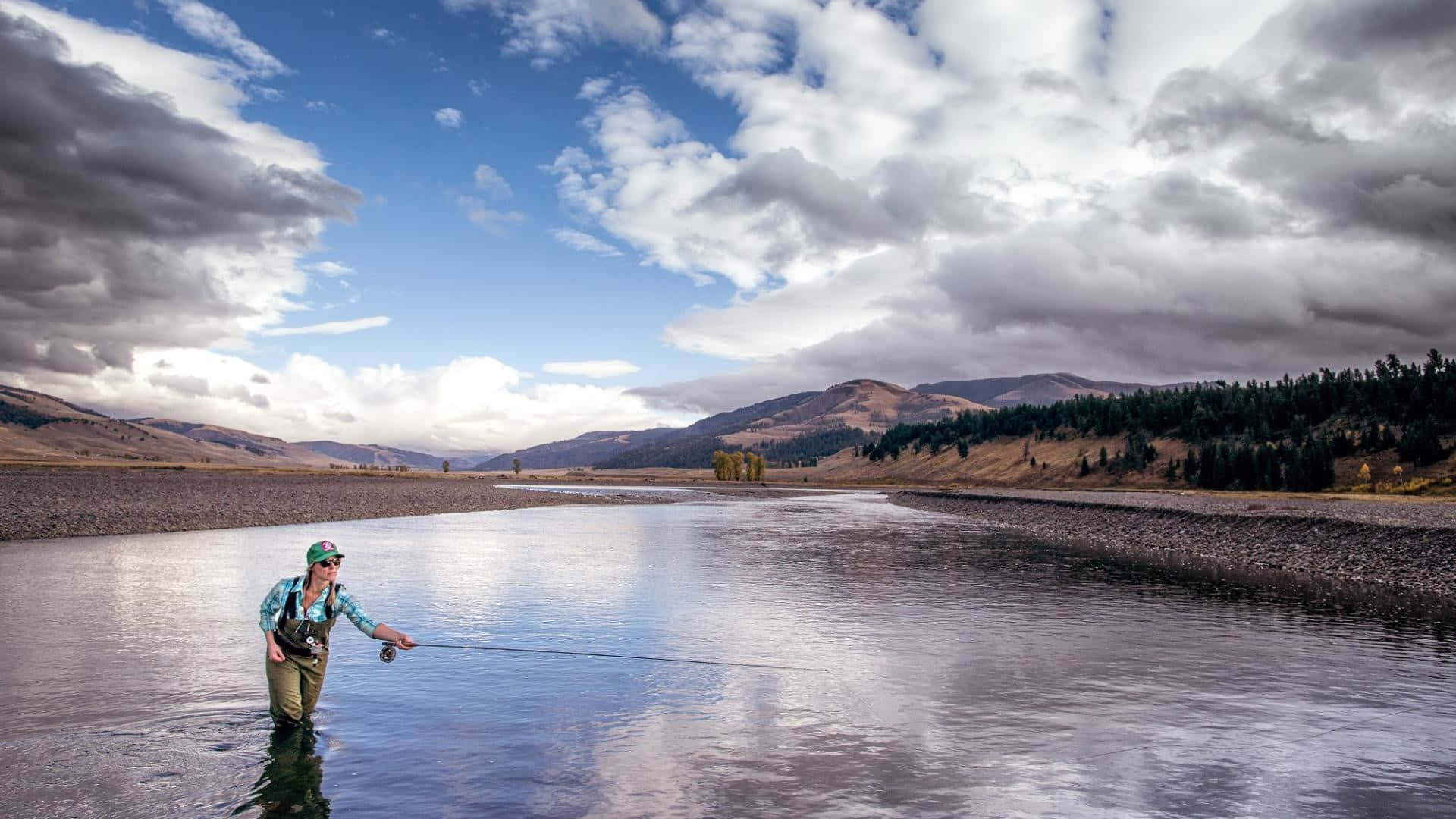 fly fishing, calm river, dramatic cloudy sky, Full HD Desktop Wallpaper
