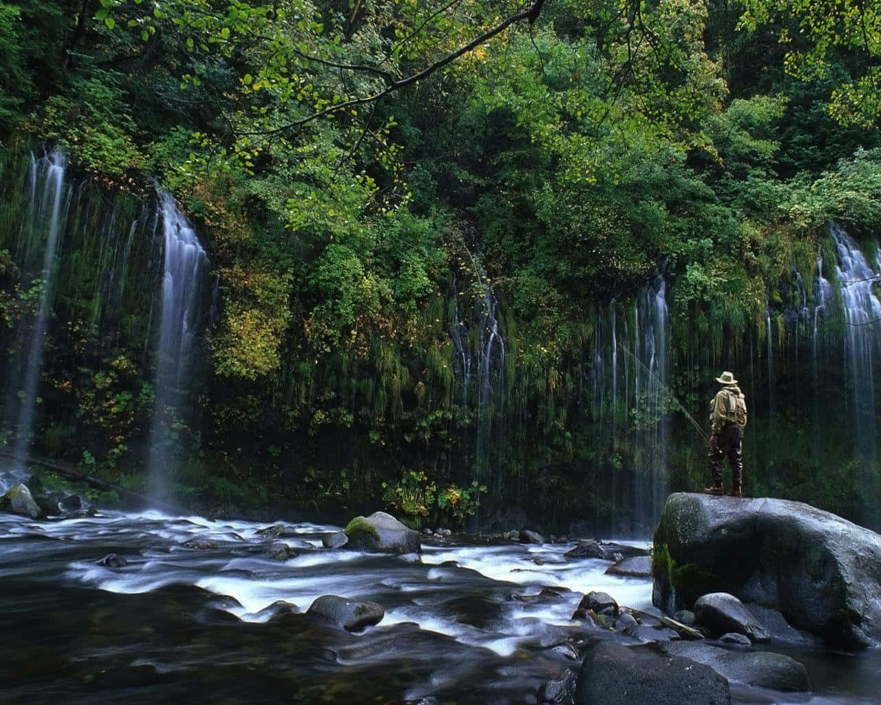 Fly Fishing, mossy rock, rushing river, HD Desktop Wallpaper