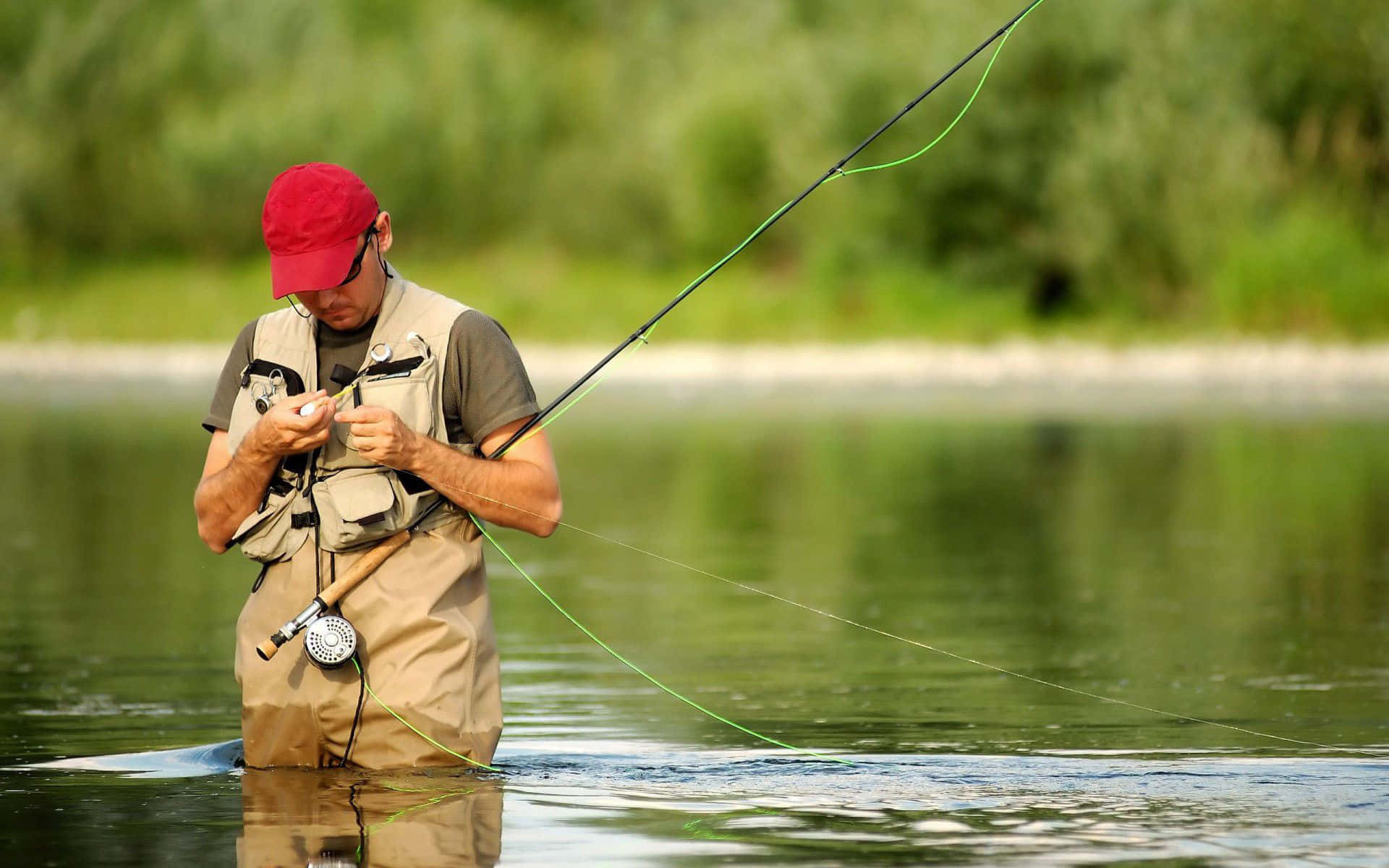 red cap, waders, calm river, Full HD Desktop Wallpaper