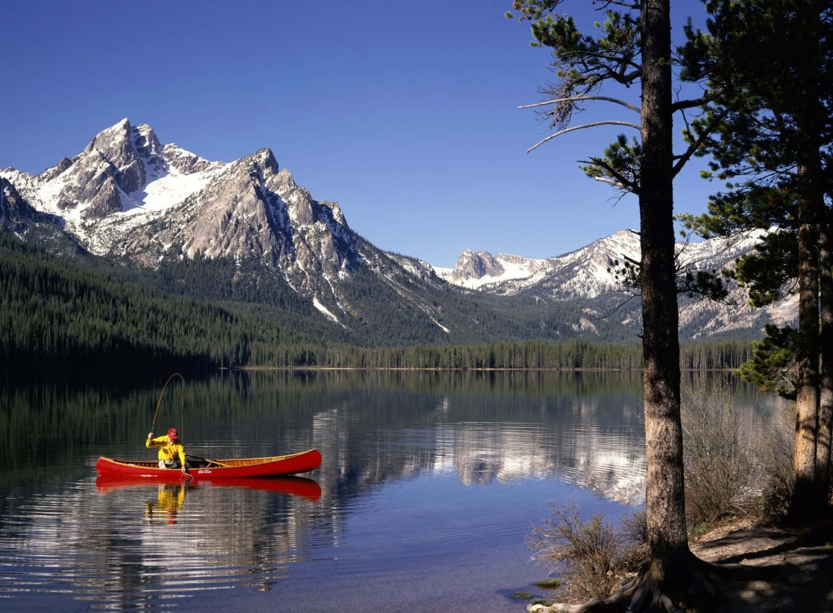 red canoe, glassy lake, snowcapped peaks, HD Desktop Wallpaper