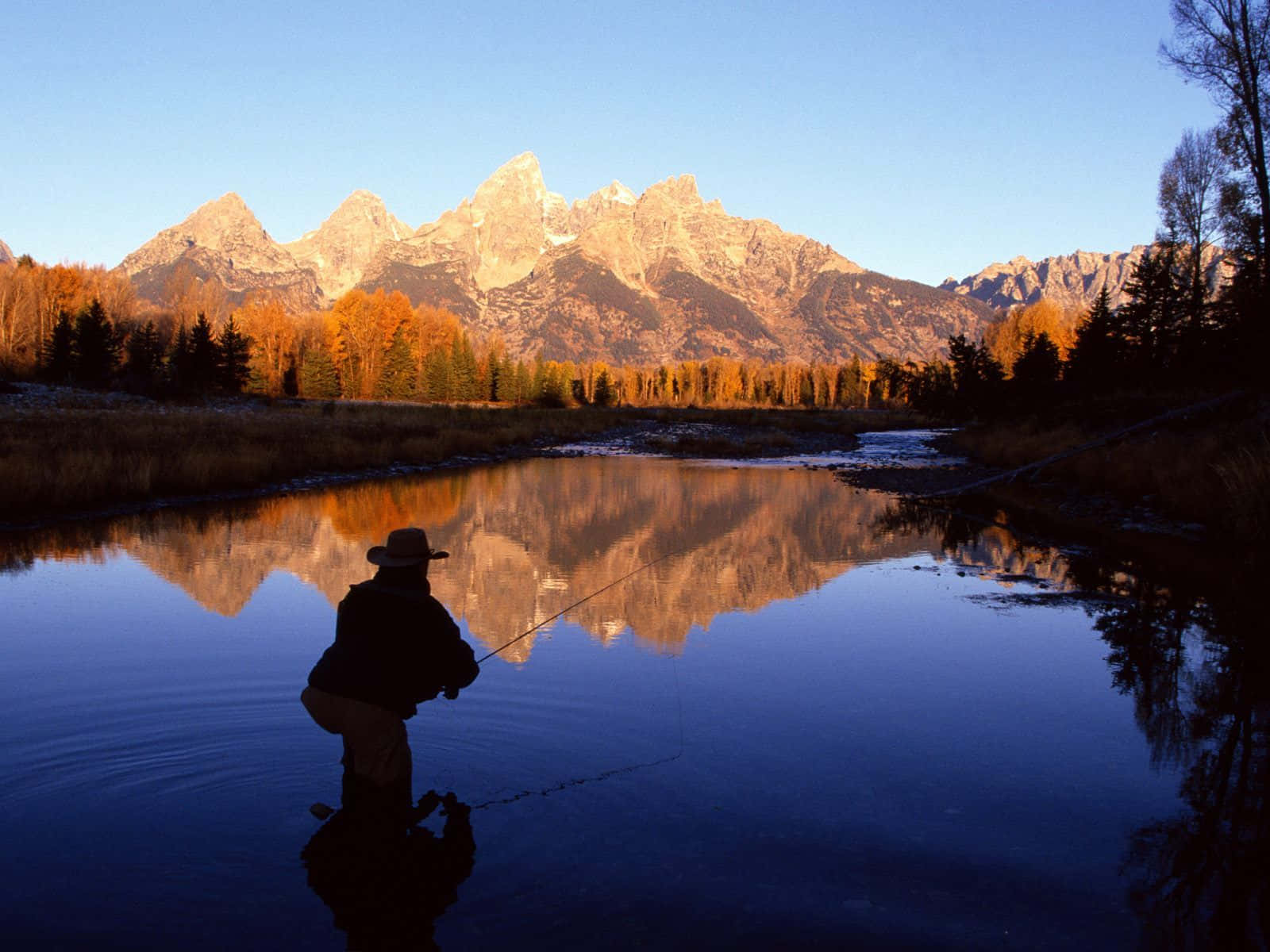 fly fishing, mountain range, autumn trees, HD Desktop Wallpaper