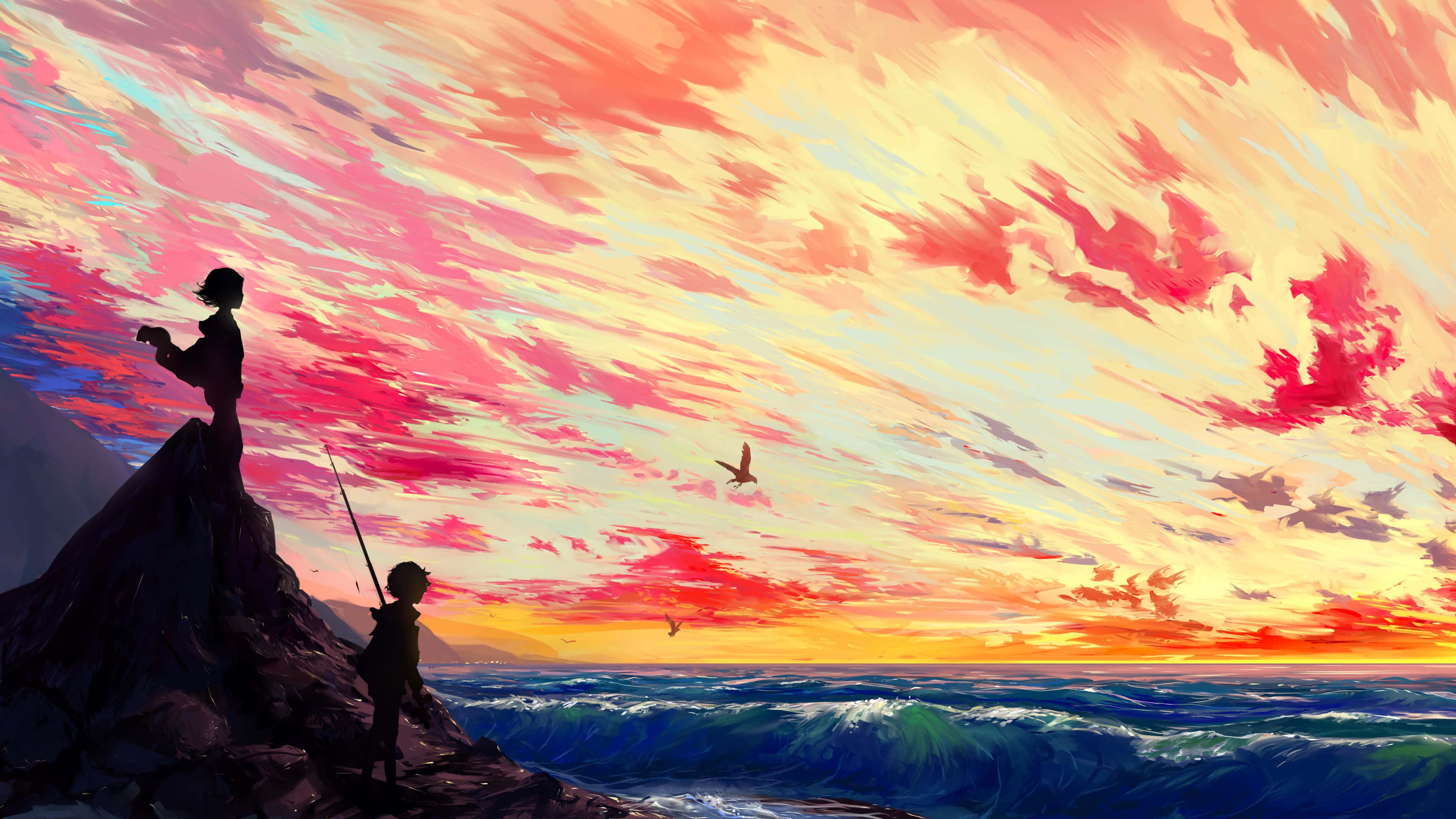 sunset, ocean, cliff, 4K Desktop Wallpaper