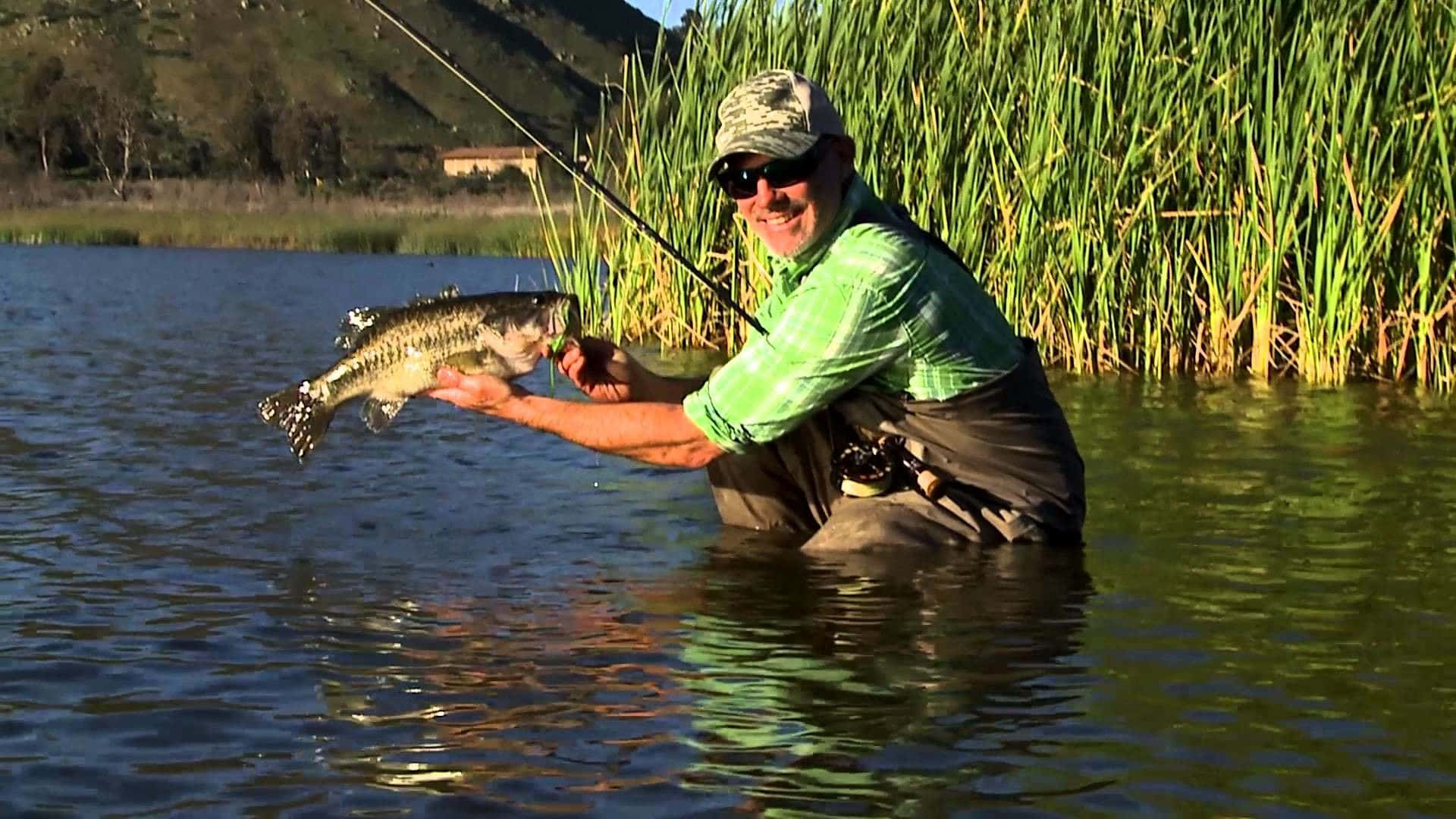 fly fishing, green shirt, large bass, Full HD Desktop Wallpaper