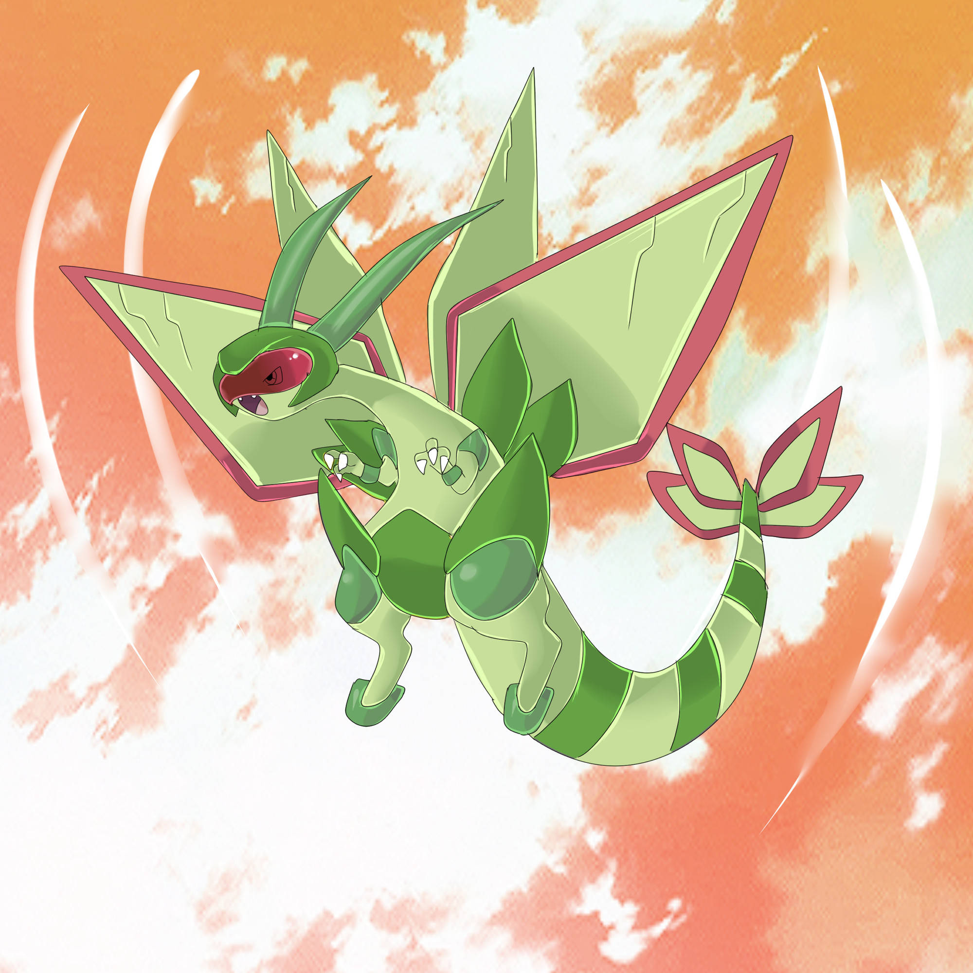 Flygon, orange sky, green dragon-like Pokémon, Full HD Desktop Wallpaper