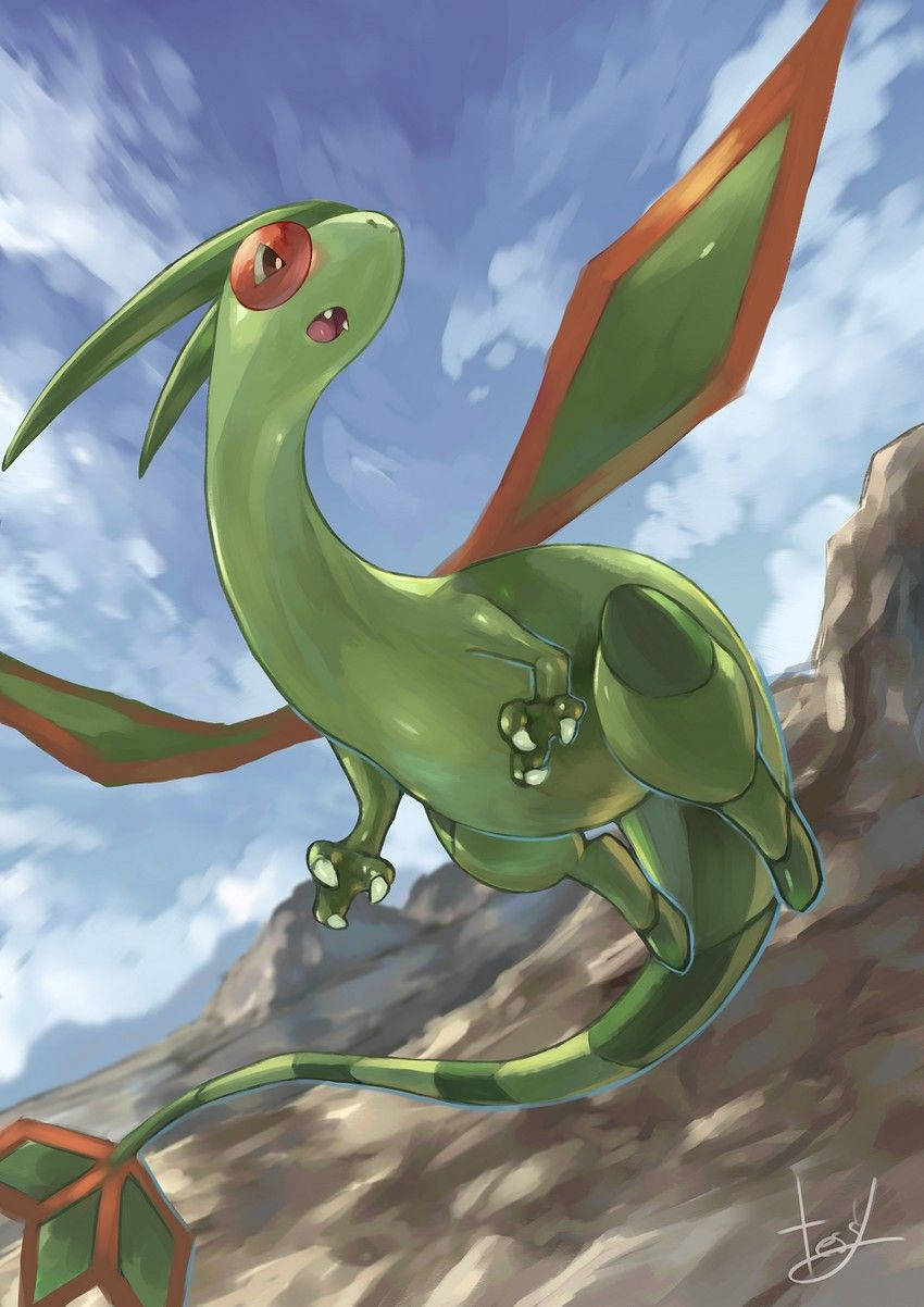 Flygon, green, orange wing edges, SD Phone Wallpaper