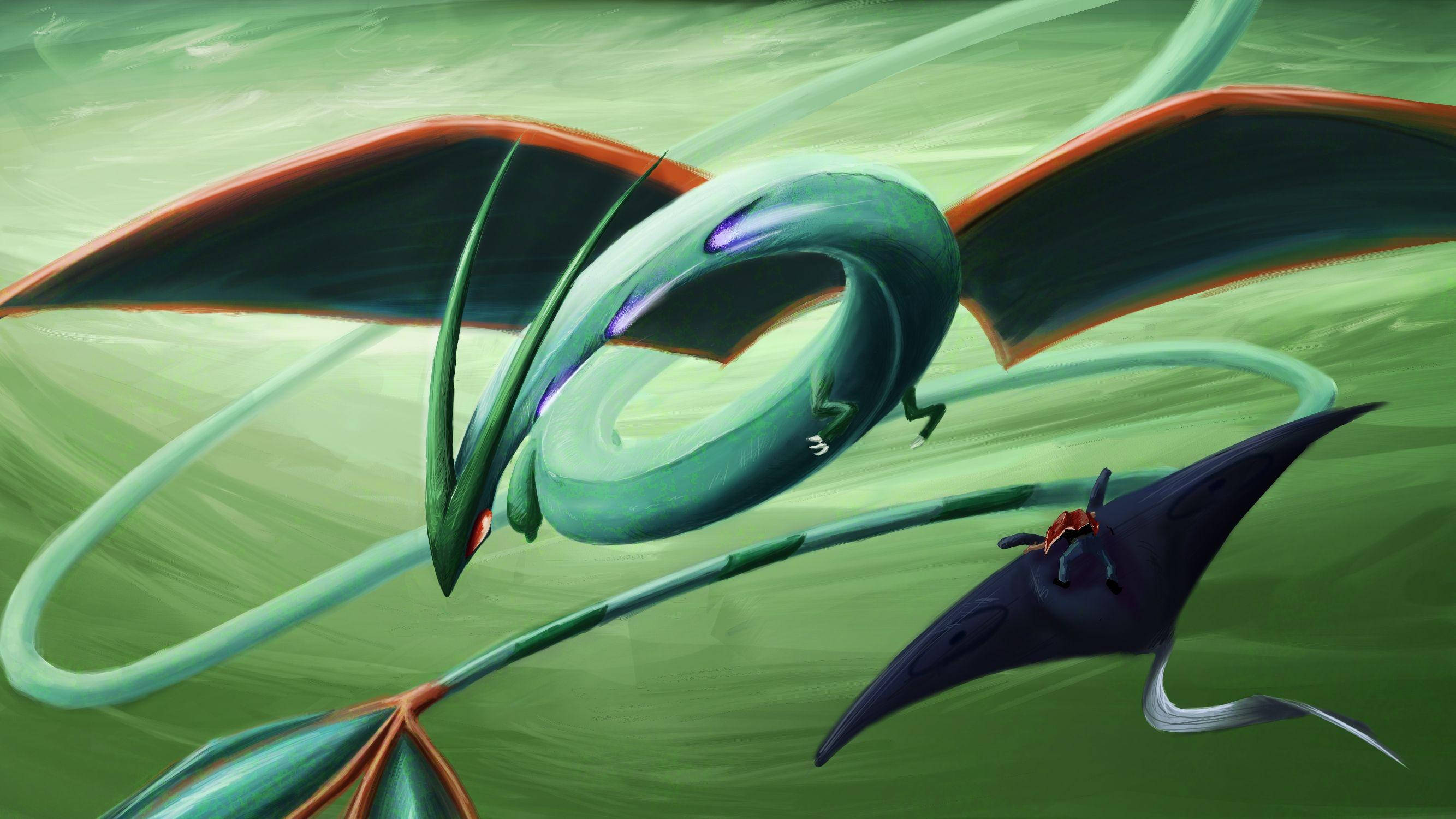 Green Flygon, glowing purple eyes, swirling green sky, 2K Desktop Wallpaper
