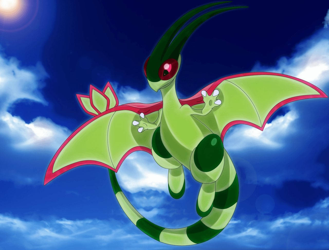 Flygon, blue sky, vibrant green dragon, HD Desktop Wallpaper
