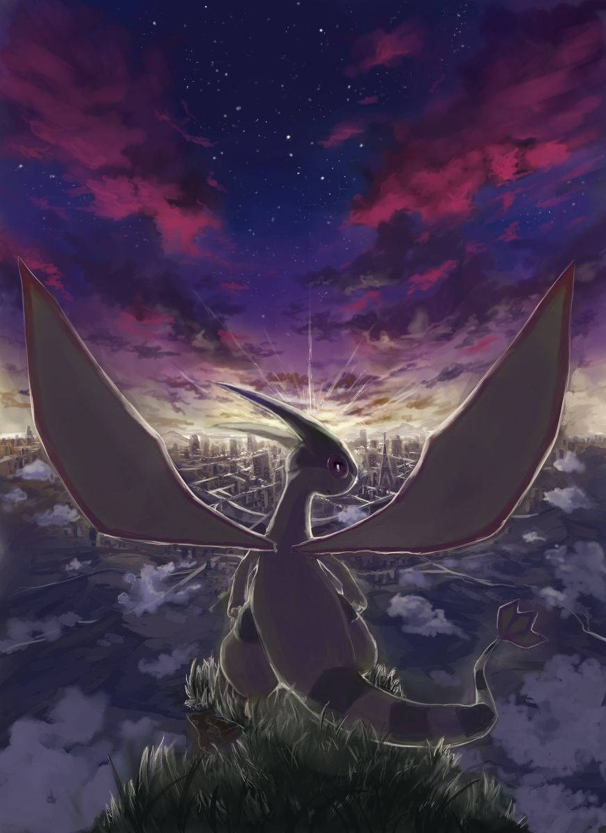 Flygon, cityscape, vibrant purple and pink starry sky, SD Phone Wallpaper