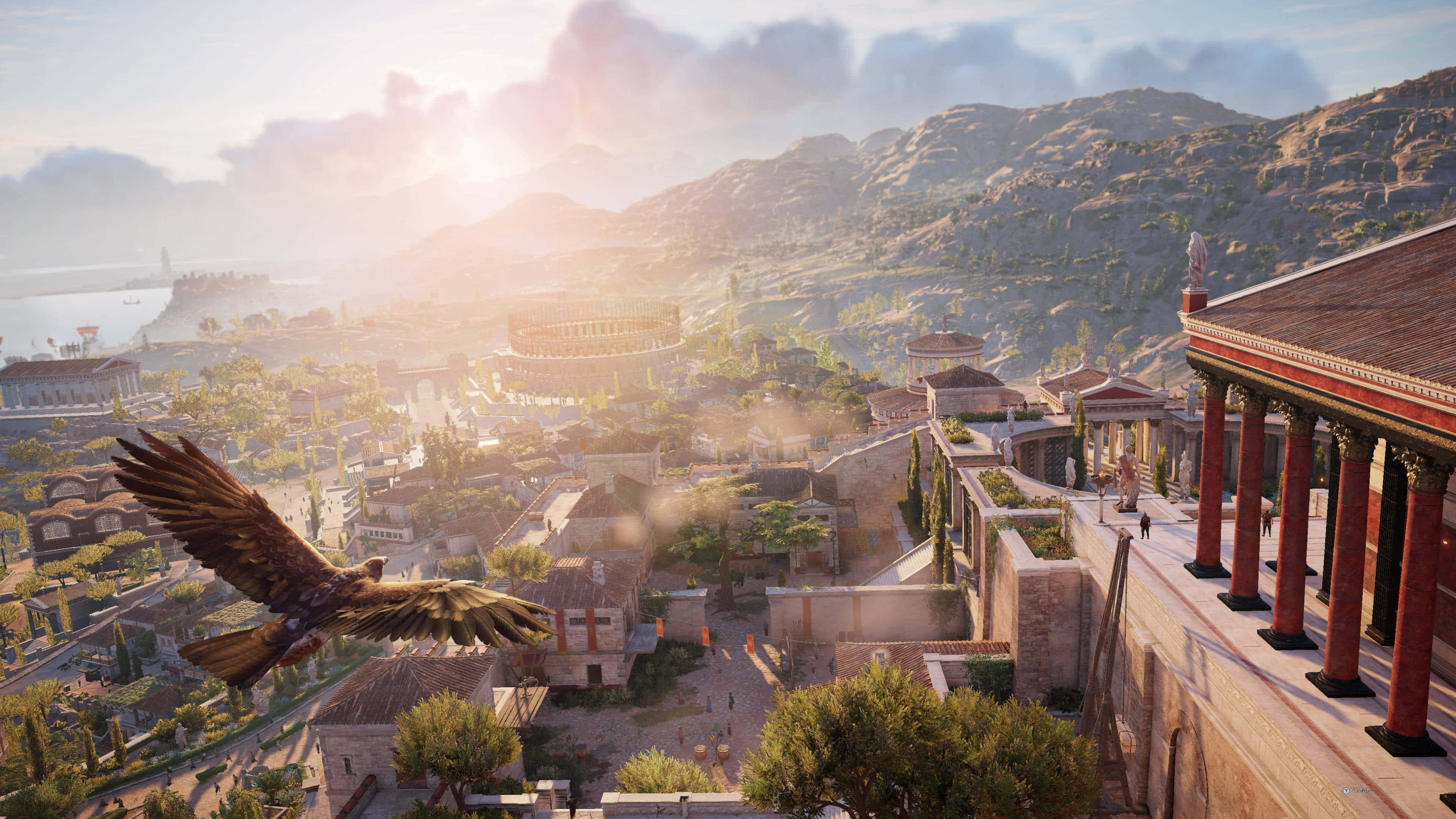 Flying Eagle, ancient Greek cityscape, terracotta roofs, 4K Desktop Wallpaper