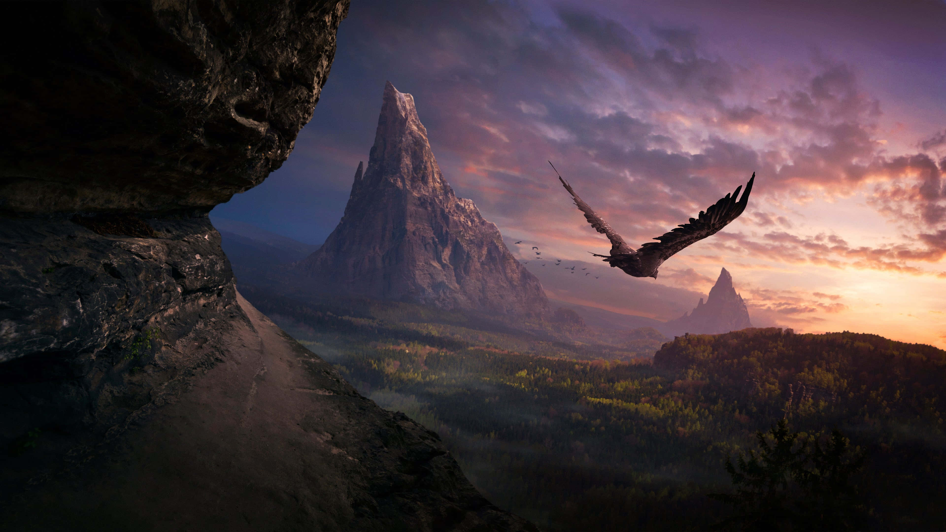 Flying Eagle, rugged mountain valley, sunset, 4K Desktop Wallpaper