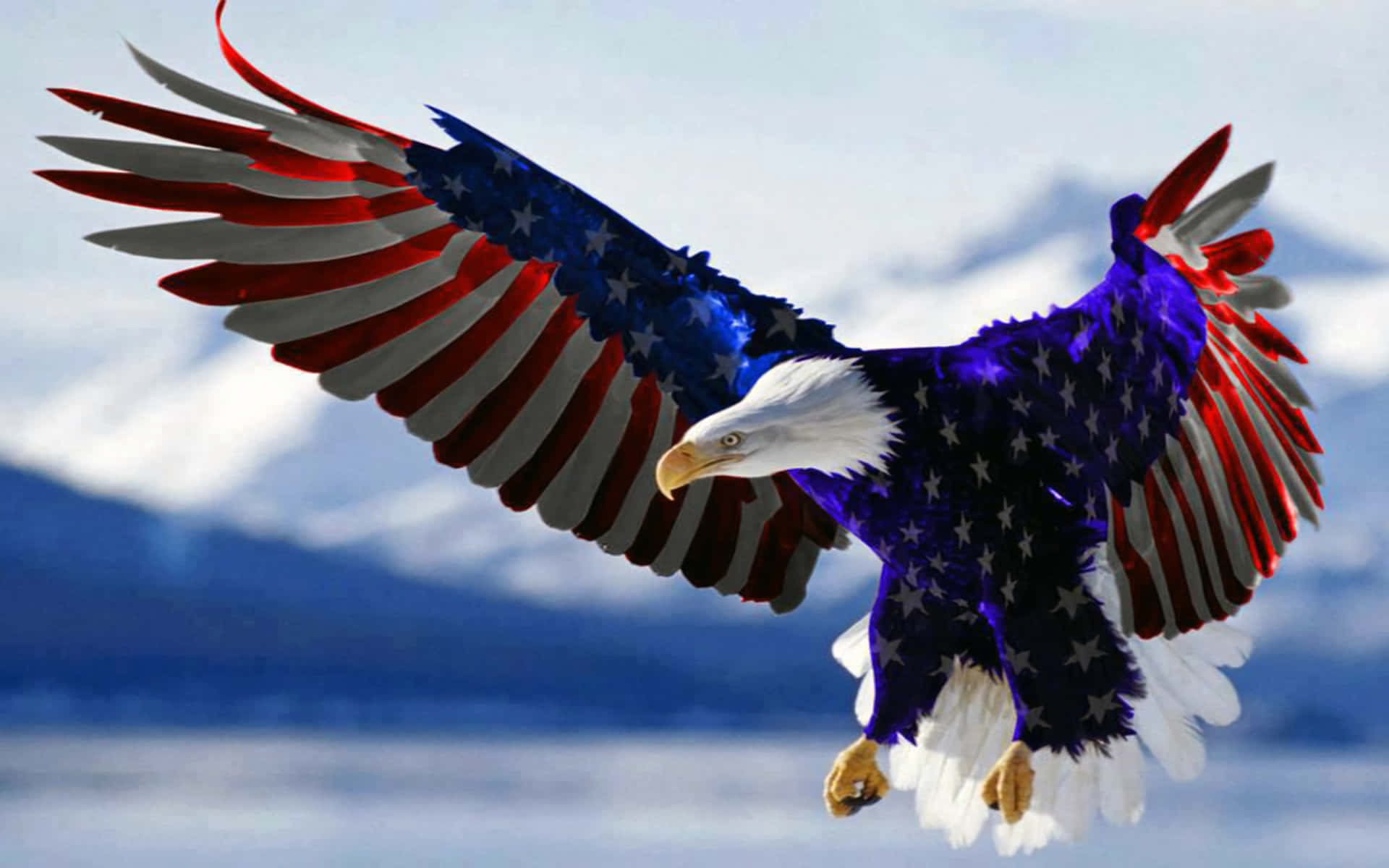 bald eagle, American flag colors, snowy mountain, Full HD Desktop Wallpaper