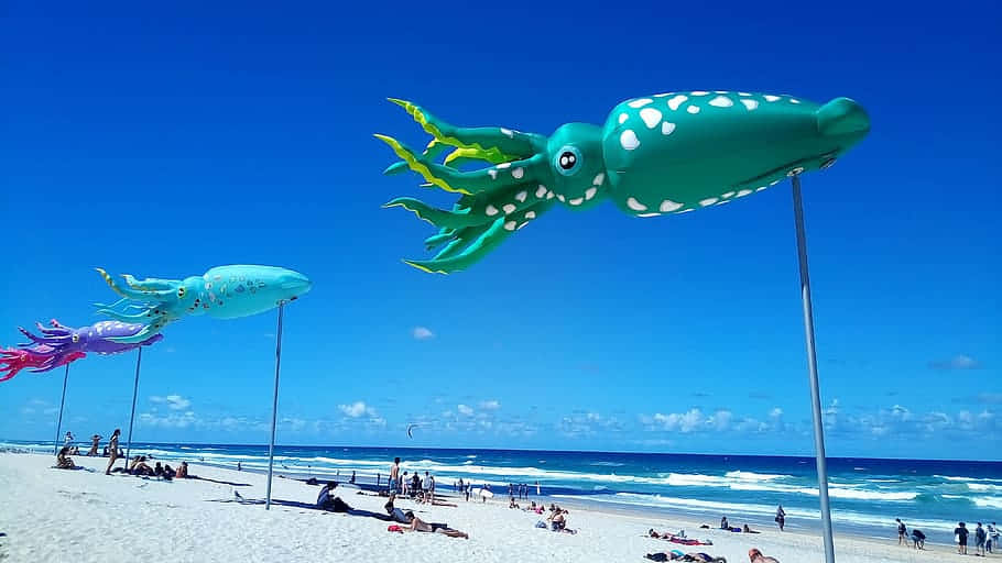 colorful beach kite festival squids, teal, purple, SD Desktop Wallpaper