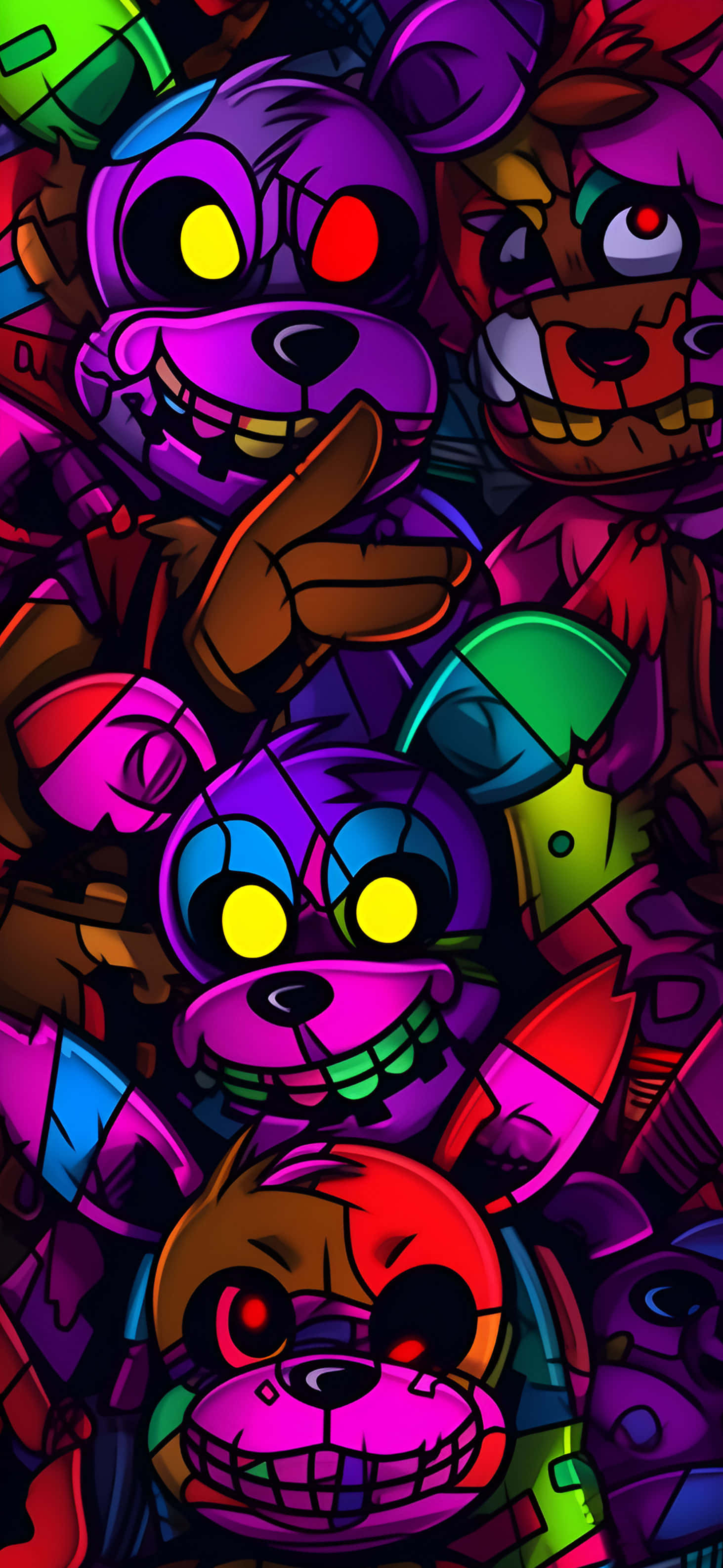F N A F, colorful, cartoon animatronics, 2K Phone Wallpaper