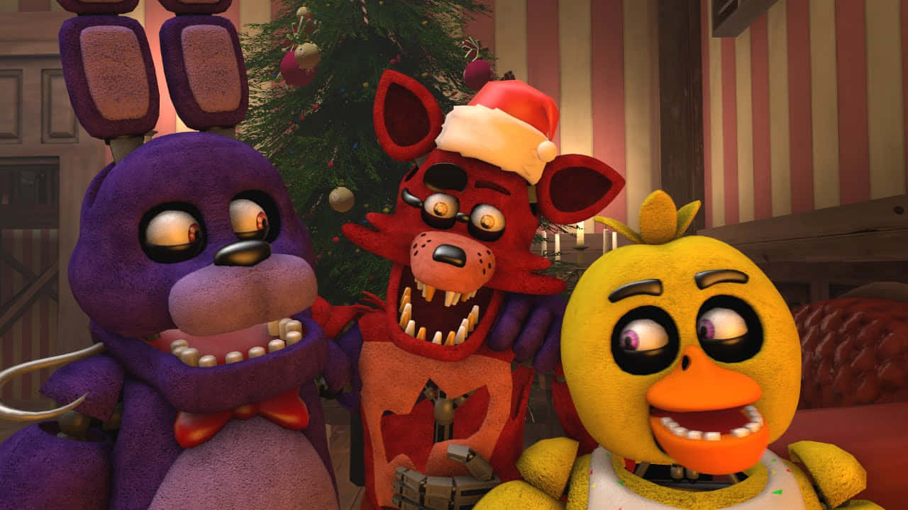 Fnaf Christmas, animatronic characters, festive holiday attire, HD Desktop Wallpaper