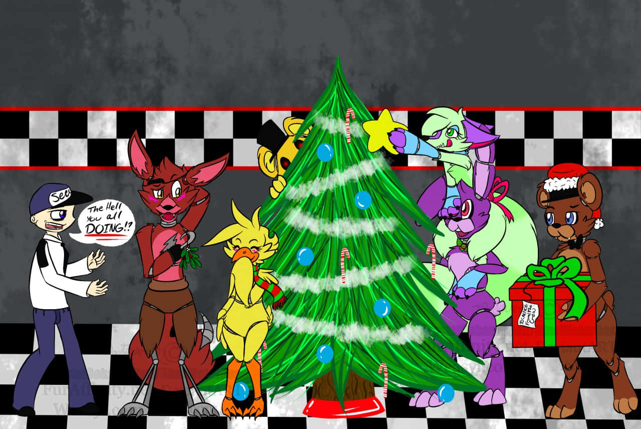 F N A F Characters, green Christmas tree, blue ornaments, HD Desktop Wallpaper