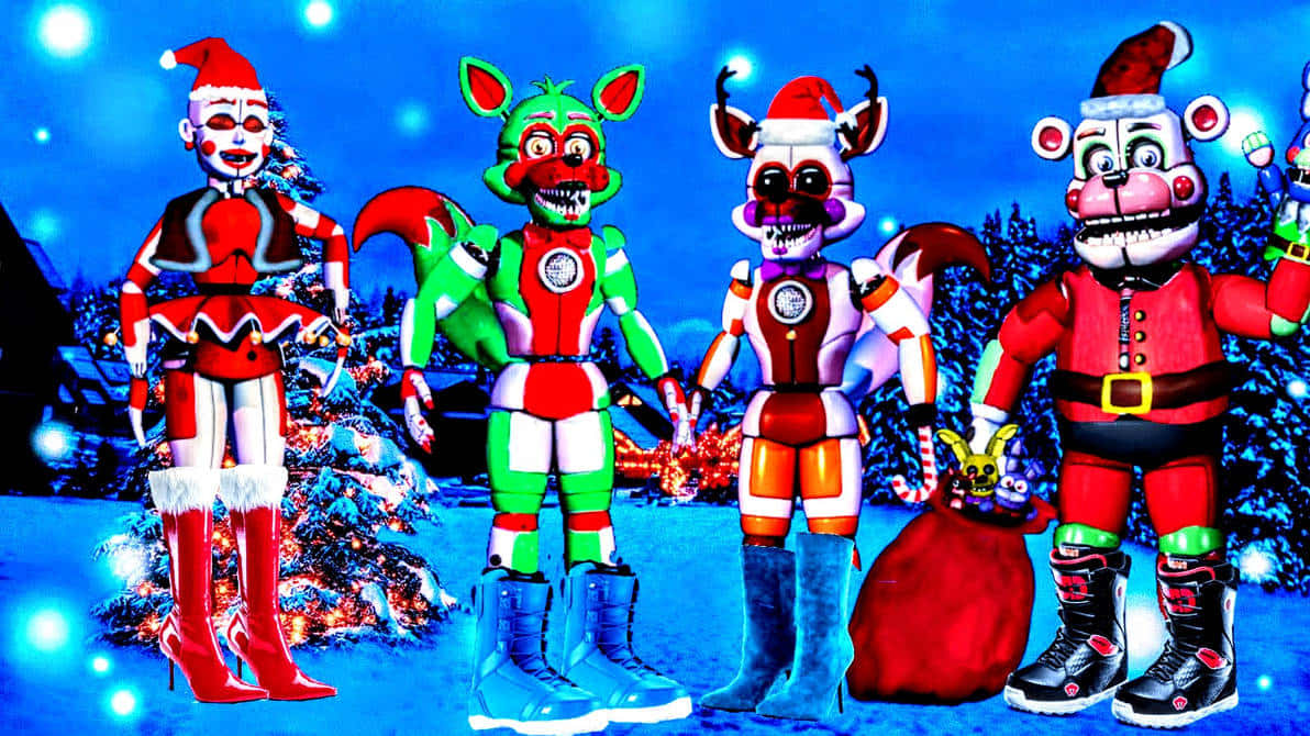 Fnaf Christmas, animatronic characters, festive holiday costumes, SD Desktop Wallpaper