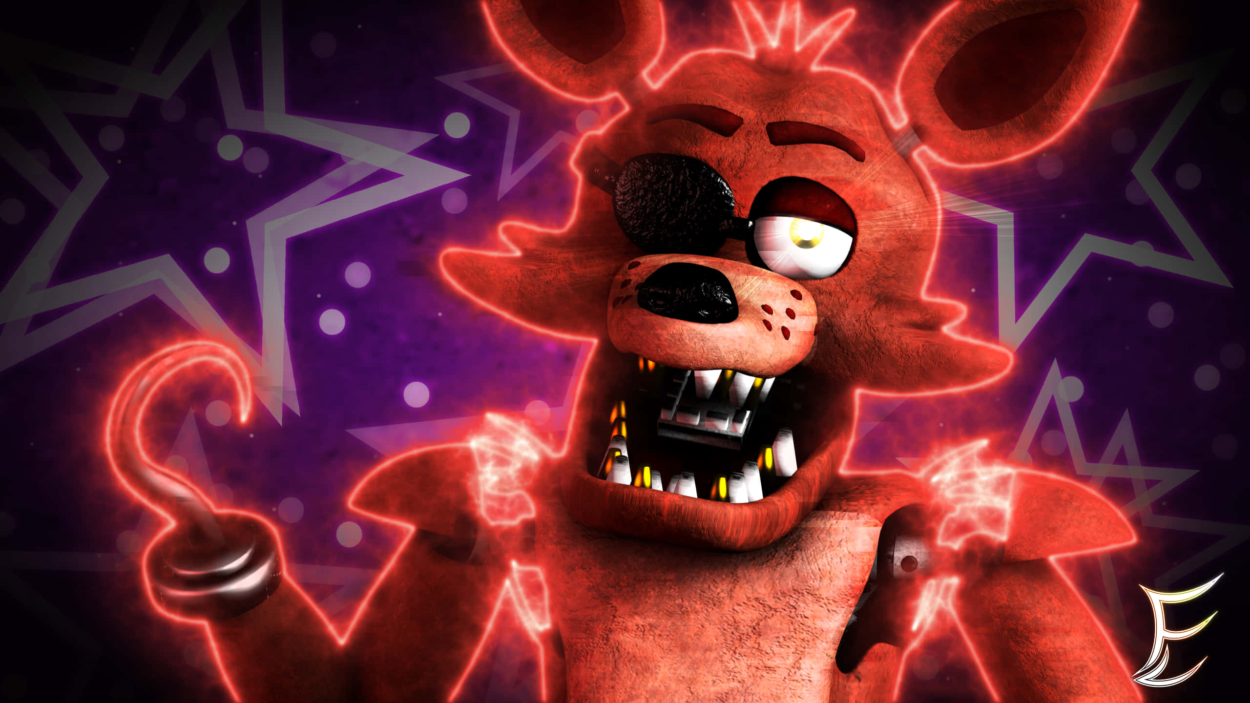 Fnaf Foxy, red animatronic fox, glowing eyes, 2K Desktop Wallpaper
