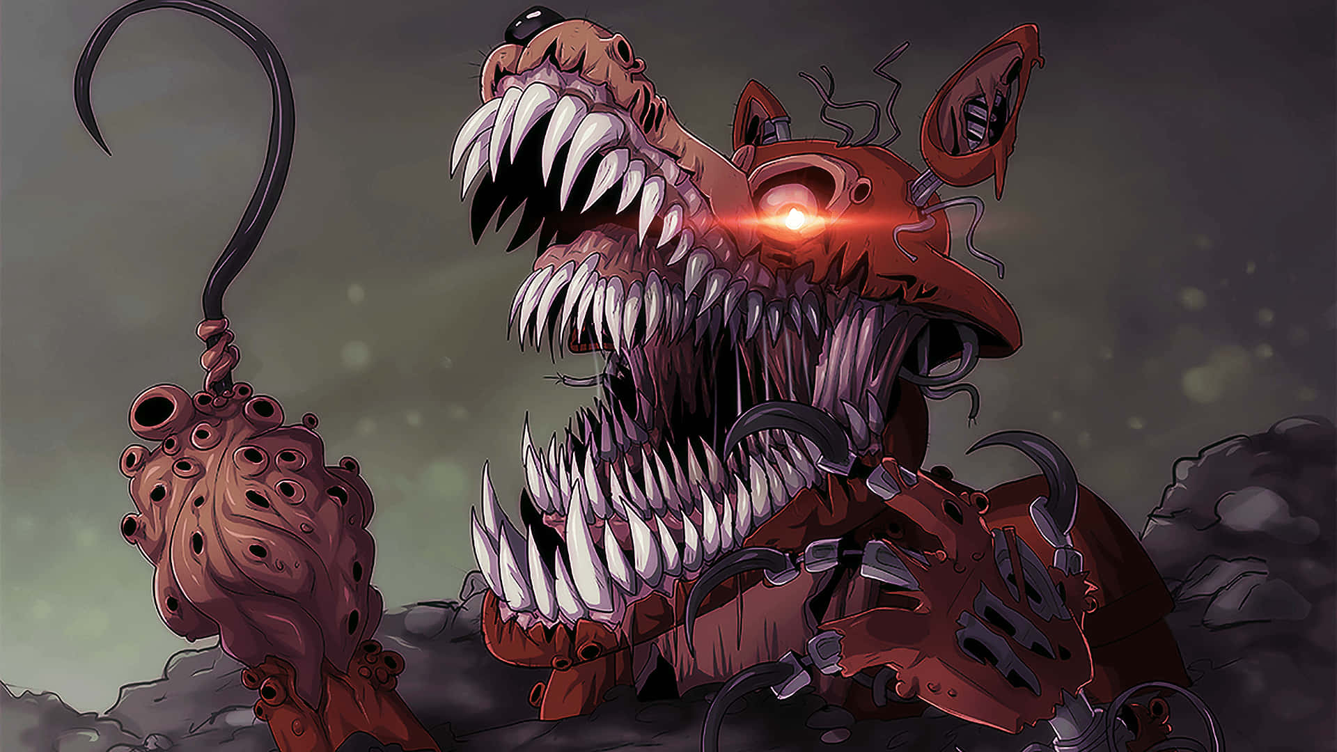 Fnaf Foxy, monstrous red animatronic, glowing eye, Full HD Desktop Wallpaper