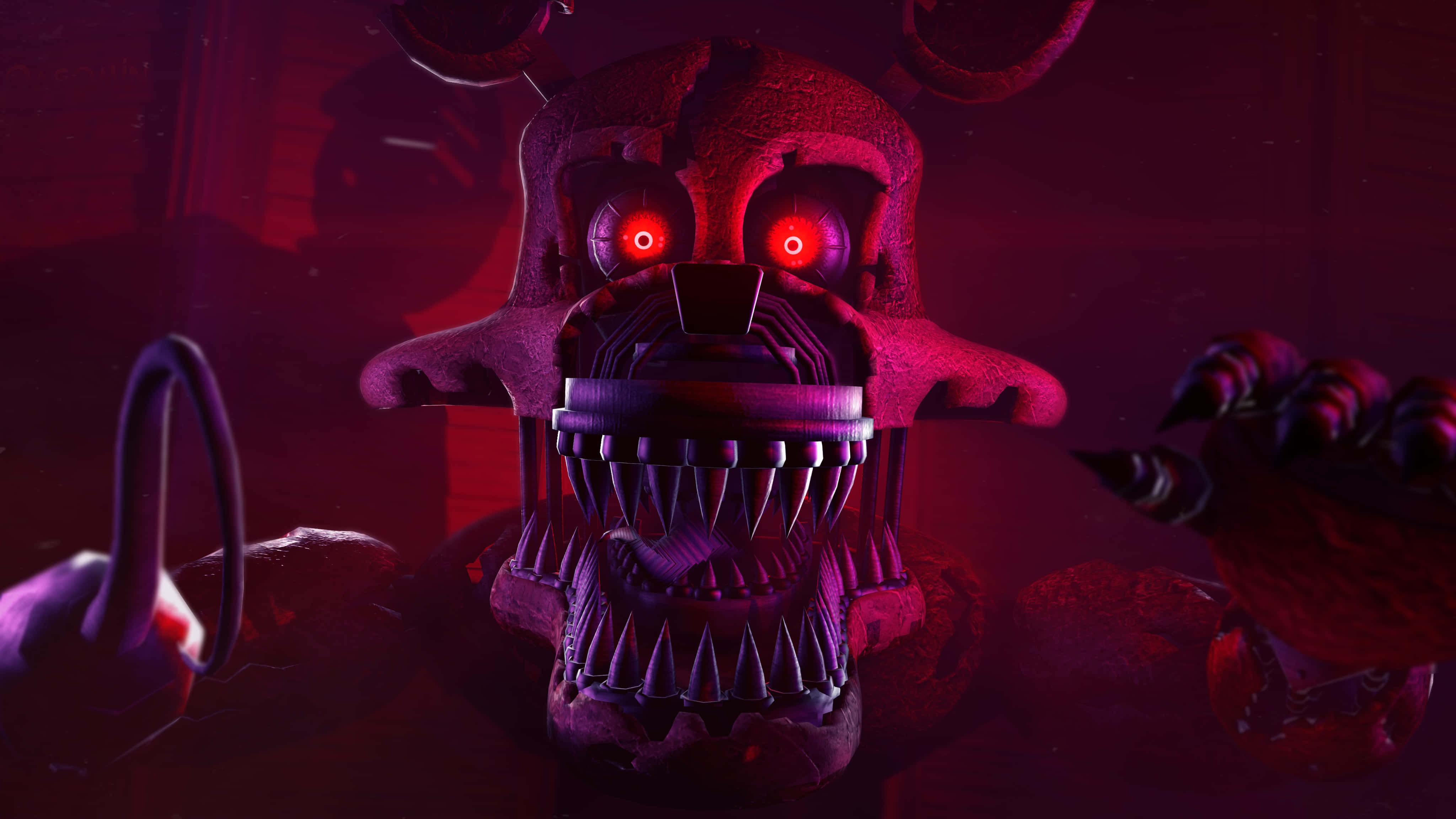 FNAF Jumpscare, animatronic bear, glowing red eyes, 4K Desktop Wallpaper