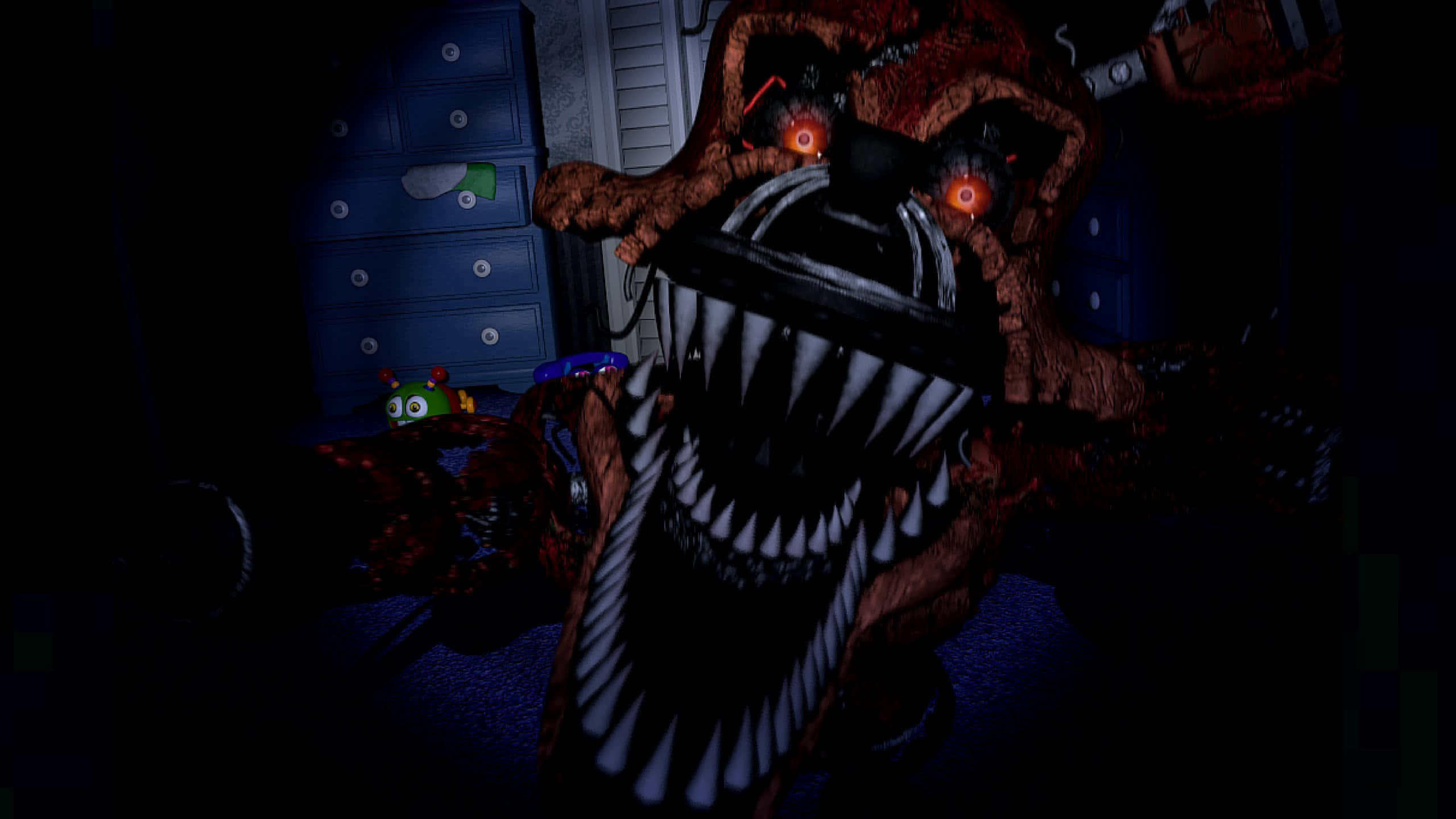 FNAF Jumpscare, glowing red eyes, sharp teeth, 2K Desktop Wallpaper