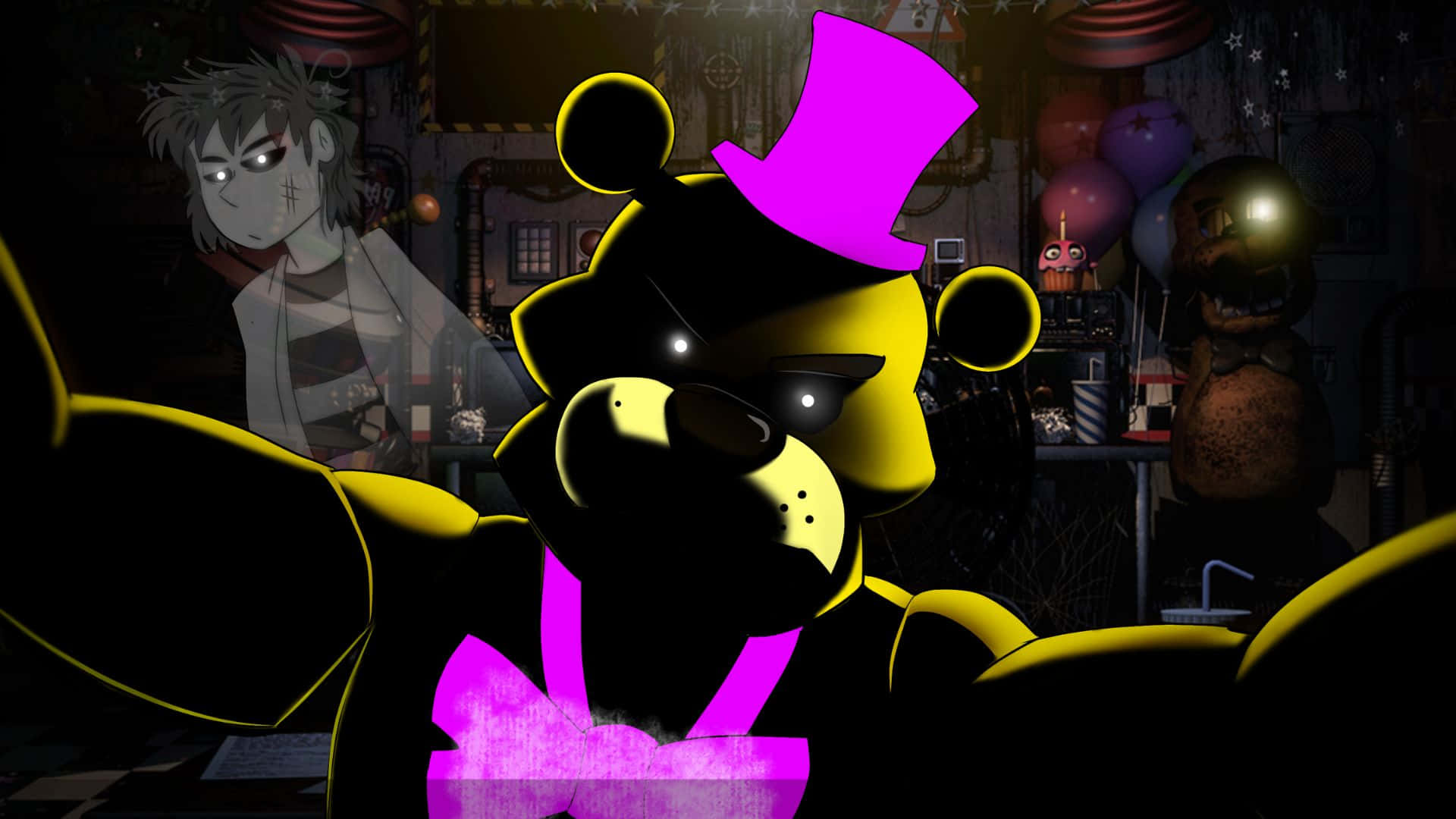 FNAF Jumpscare, yellow animatronic bear, purple top hat, Full HD Desktop Wallpaper
