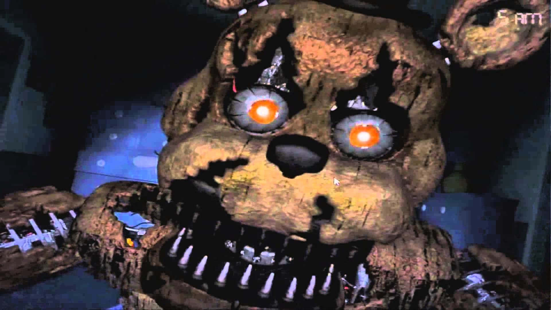 FNaF Jumpscare, rusty animatronic bear, glowing orange eyes, Full HD Desktop Wallpaper