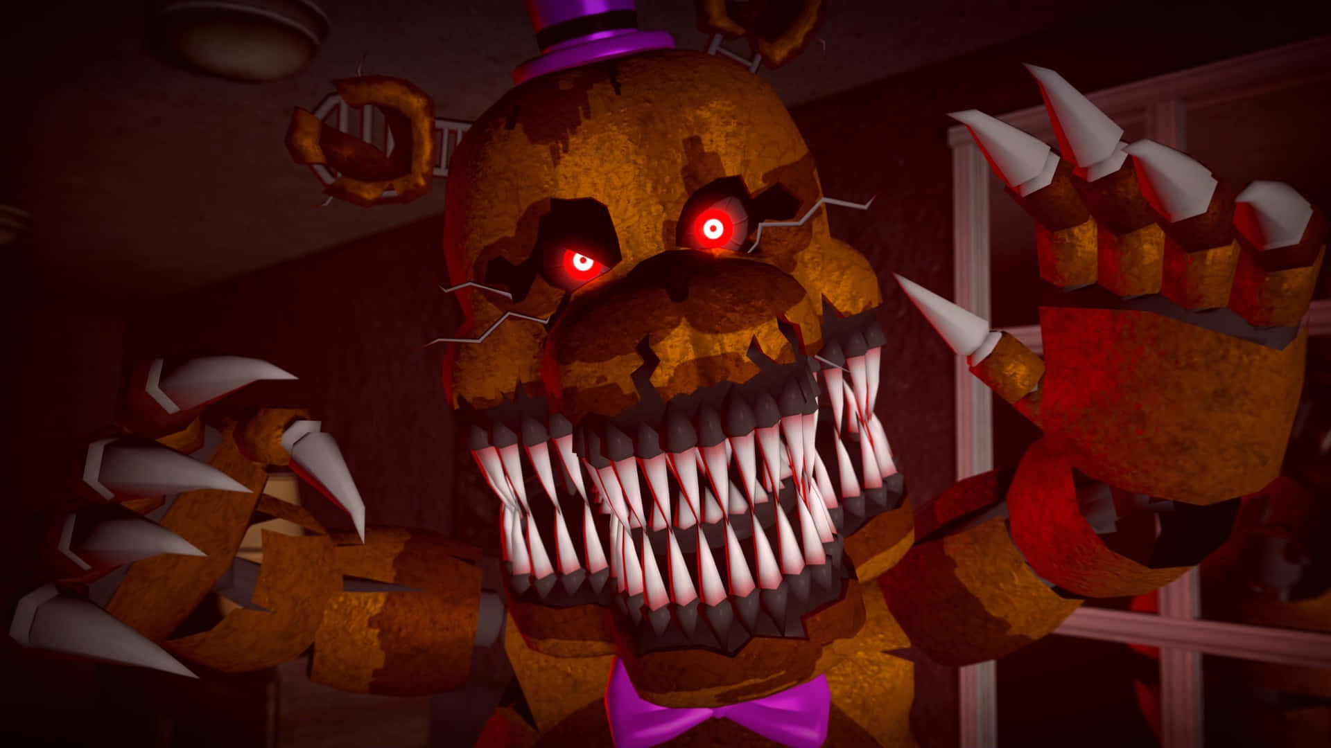 FNAF Jumpscare, animatronic bear, glowing red eyes, Full HD Desktop Wallpaper