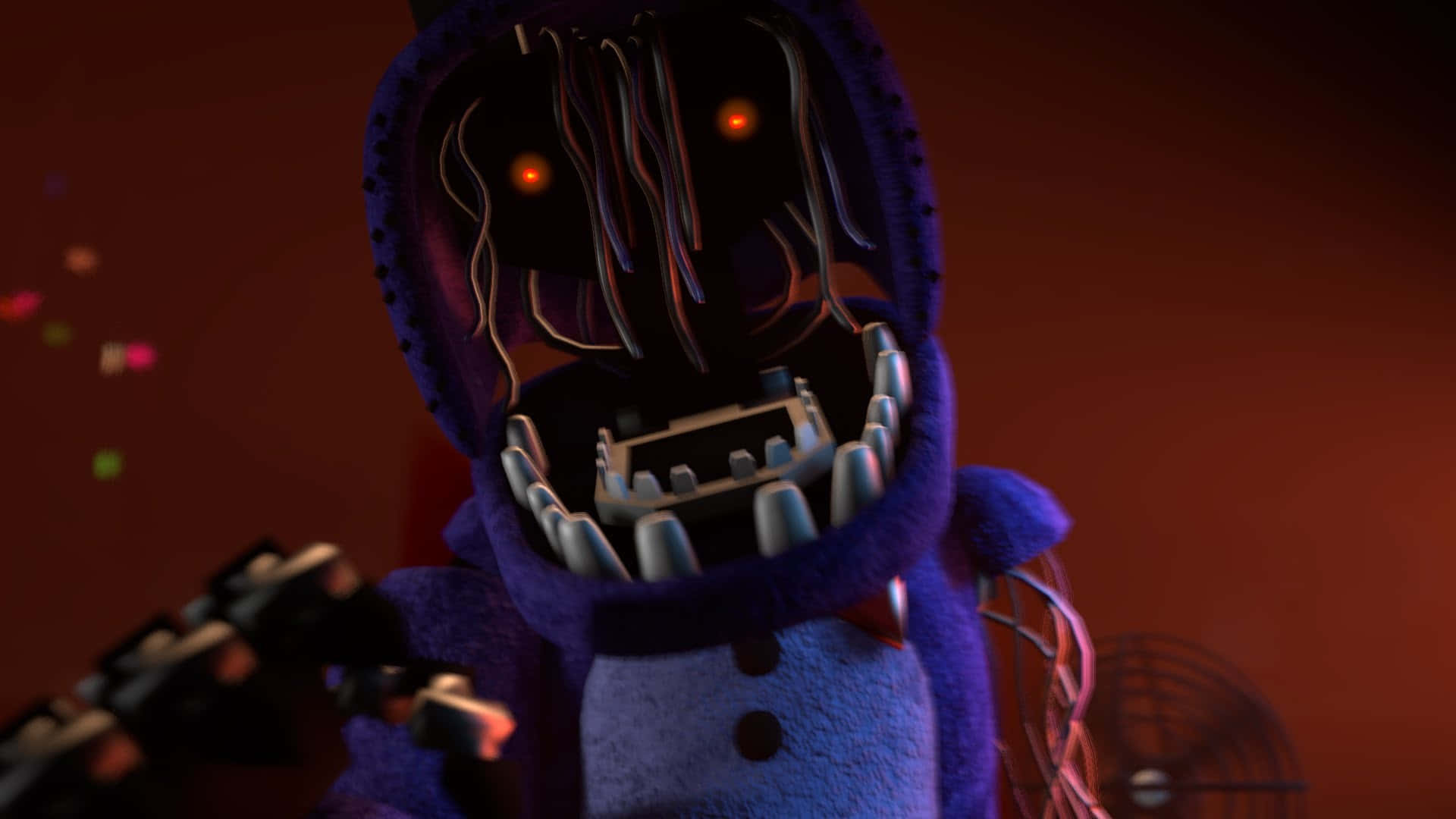 FNAF Jumpscare, purple animatronic, glowing orange eyes, Full HD Desktop Wallpaper