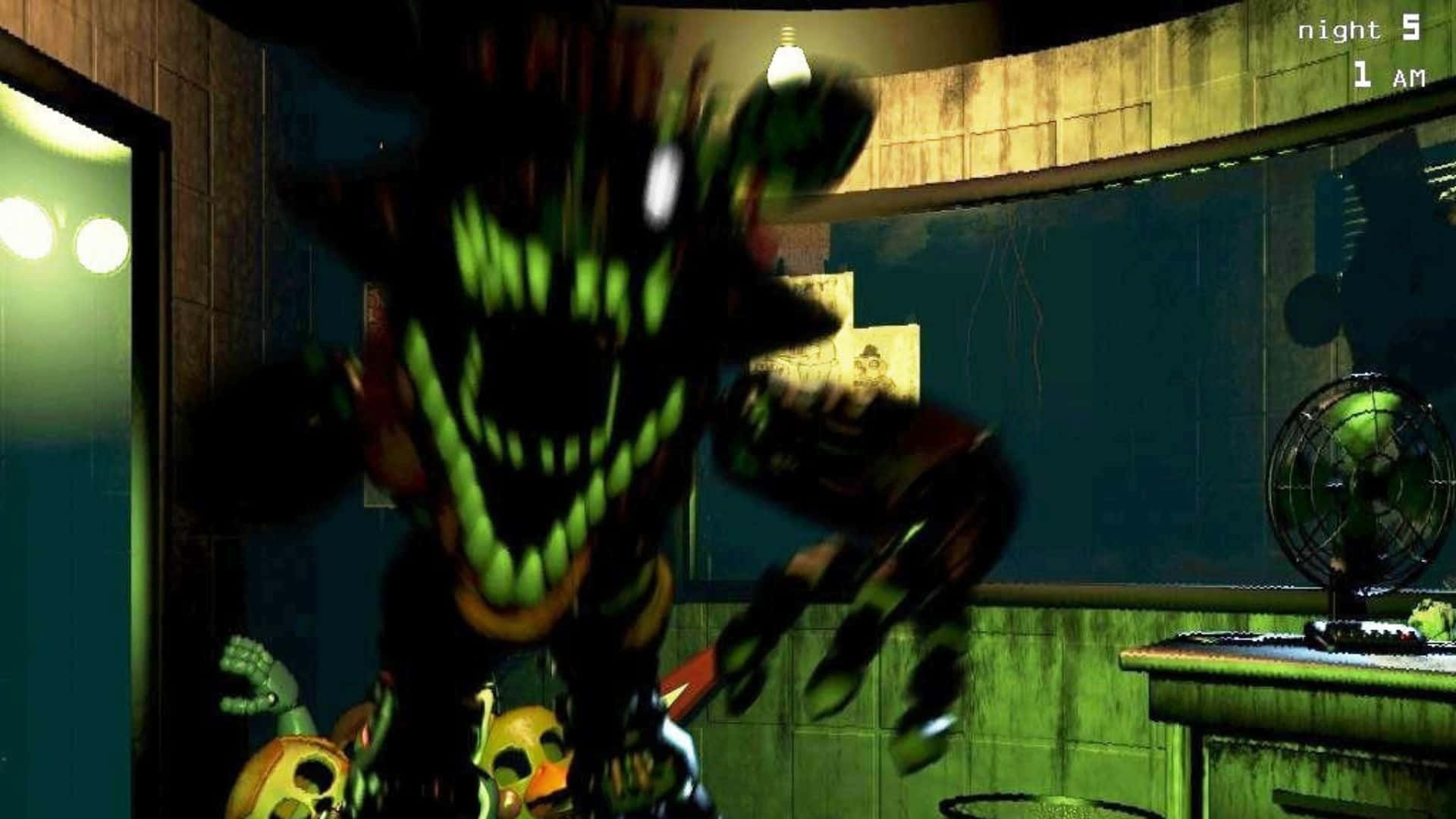 FNAF Jumpscare, green-eyed animatronic, dimly lit, Full HD Desktop Wallpaper