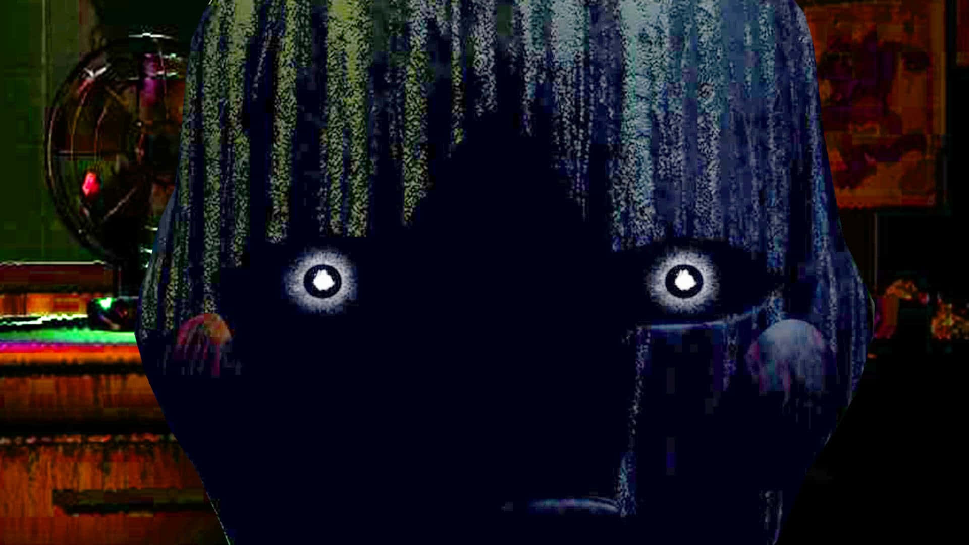 FNAF Jumpscare, pixelated horror figure, glowing white eyes, Full HD Desktop Wallpaper
