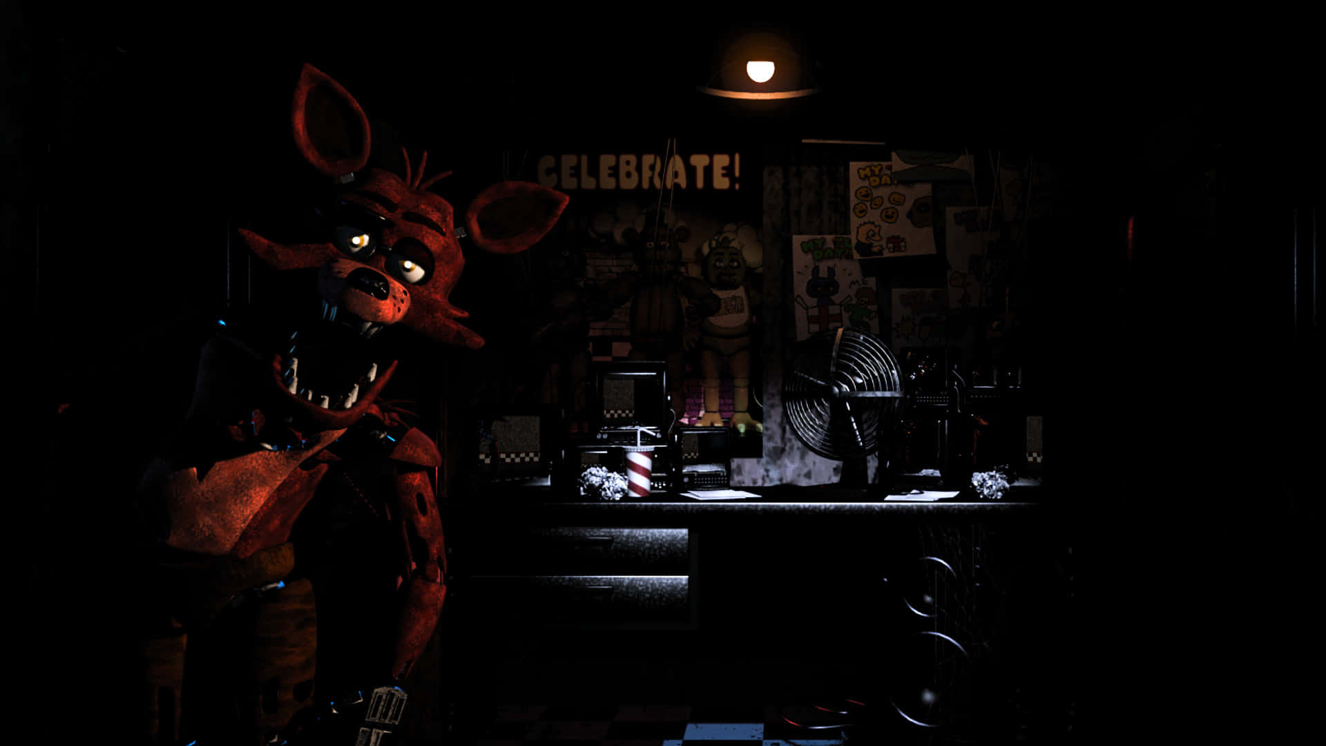 FNAF Jumpscare, red animatronic fox, glowing eyes, Full HD Desktop Wallpaper
