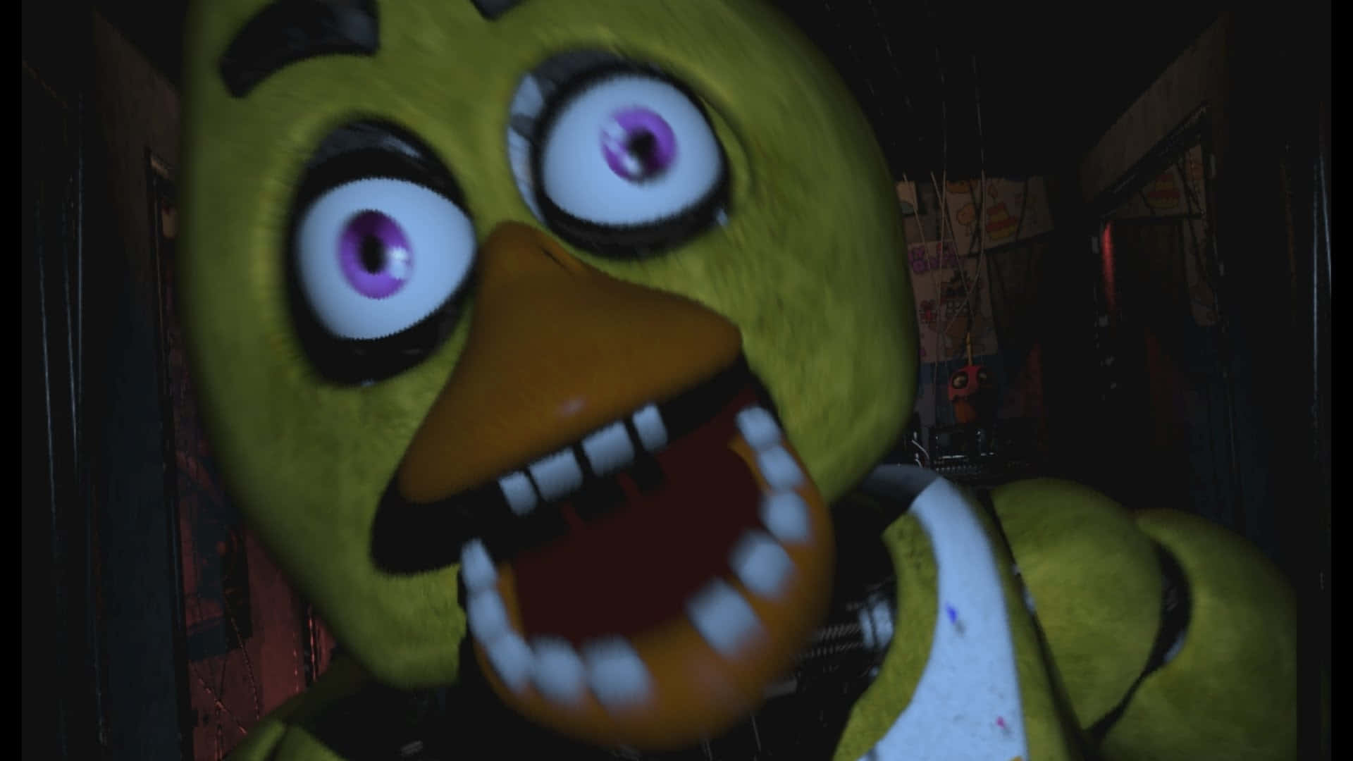 FNAF Jumpscare, green animatronic chicken, wide purple eyes, Full HD Desktop Wallpaper