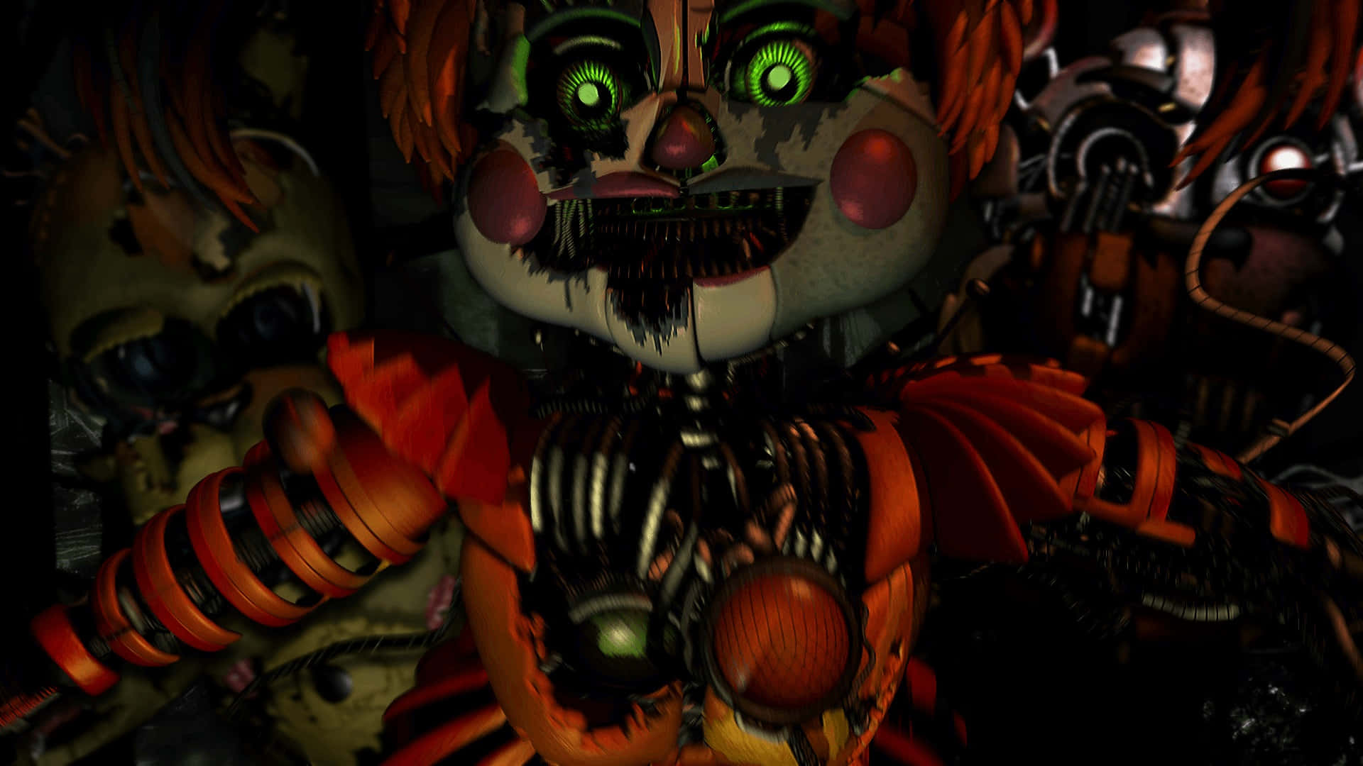 FNAF Jumpscare, animatronic clown, glowing green eyes, Full HD Desktop Wallpaper