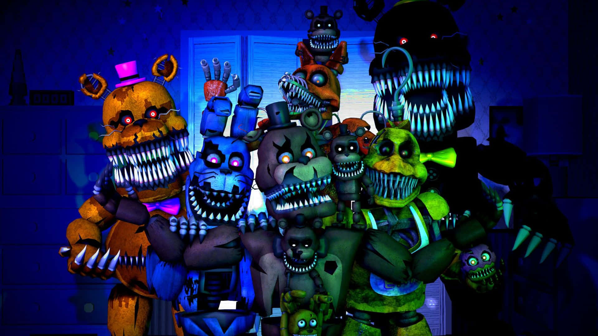 FNAF Jumpscare, glowing animatronic monsters, sharp teeth, Full HD Desktop Wallpaper