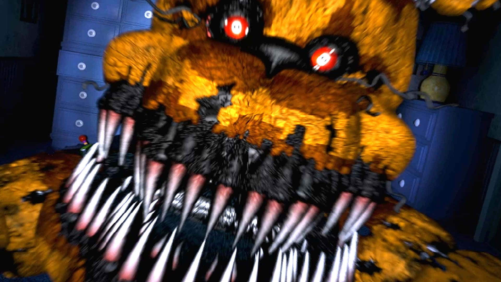 FNAF Jumpscare, yellow animatronic, glowing red eyes, Full HD Desktop Wallpaper