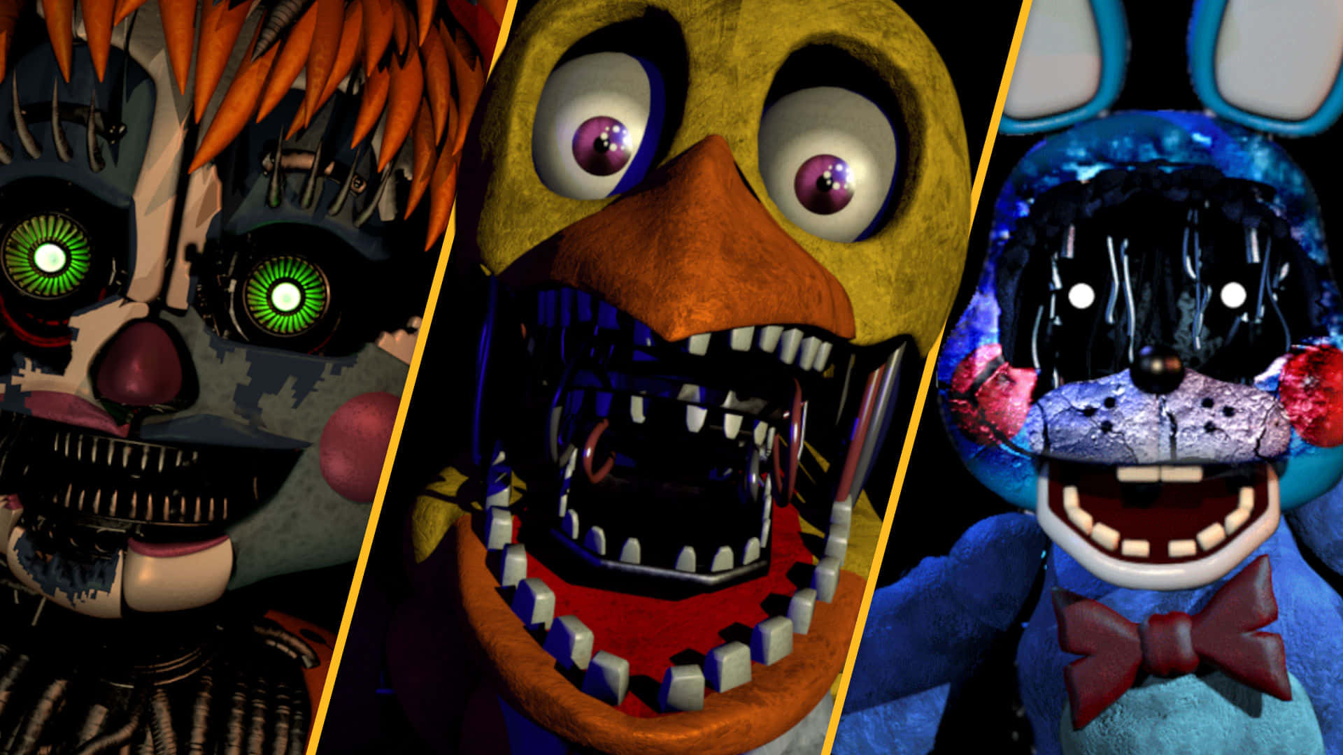 FNAF Jumpscare, animatronic characters, glowing eyes, Full HD Desktop Wallpaper