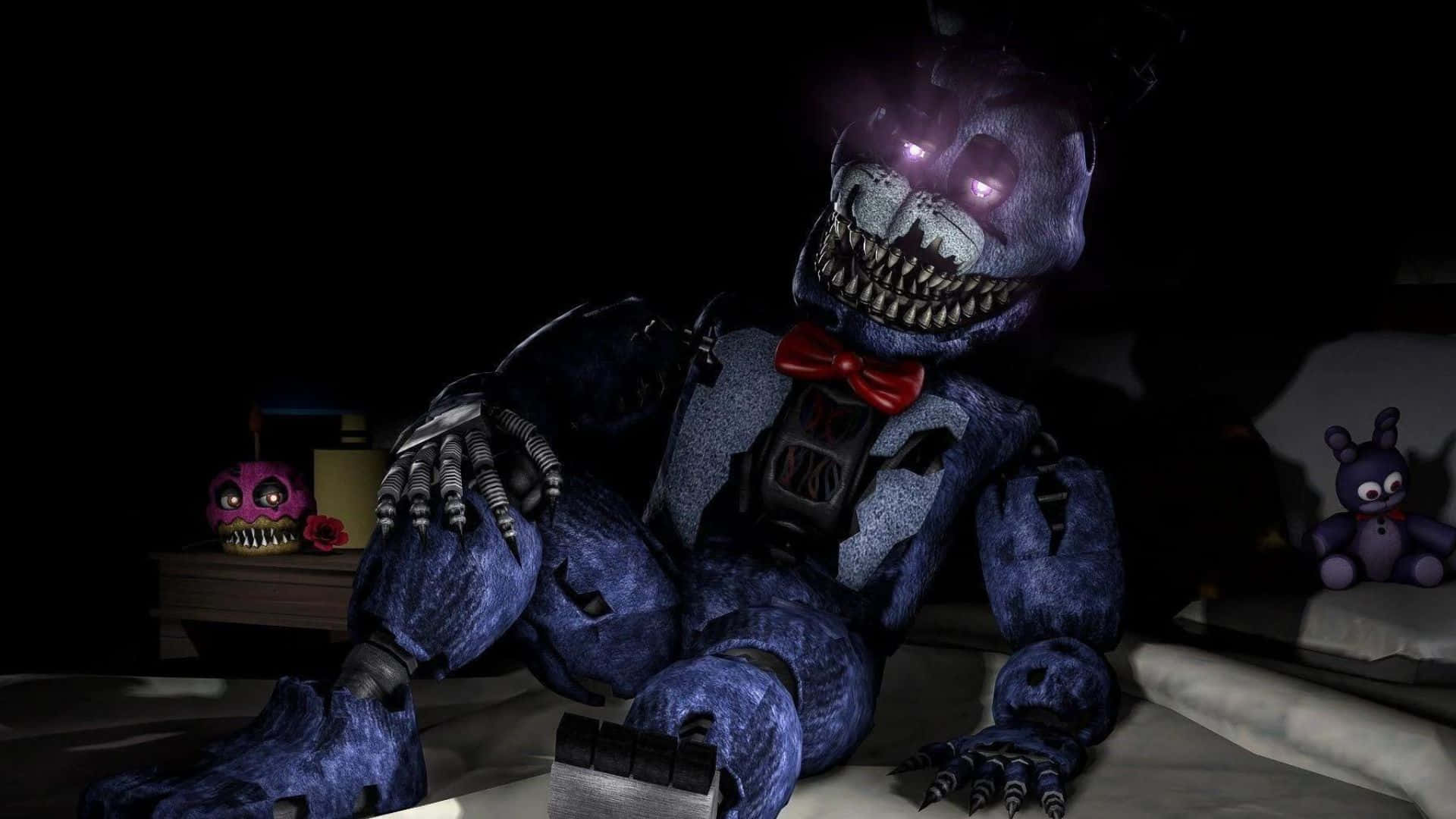 FNAF Jumpscare, blue animatronic bear, glowing purple eyes, Full HD Desktop Wallpaper