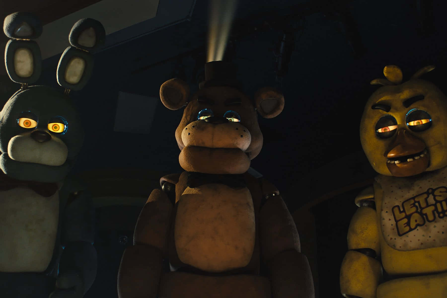 Fnaf Movie, animatronics trio, glowing eyes, HD Desktop Wallpaper