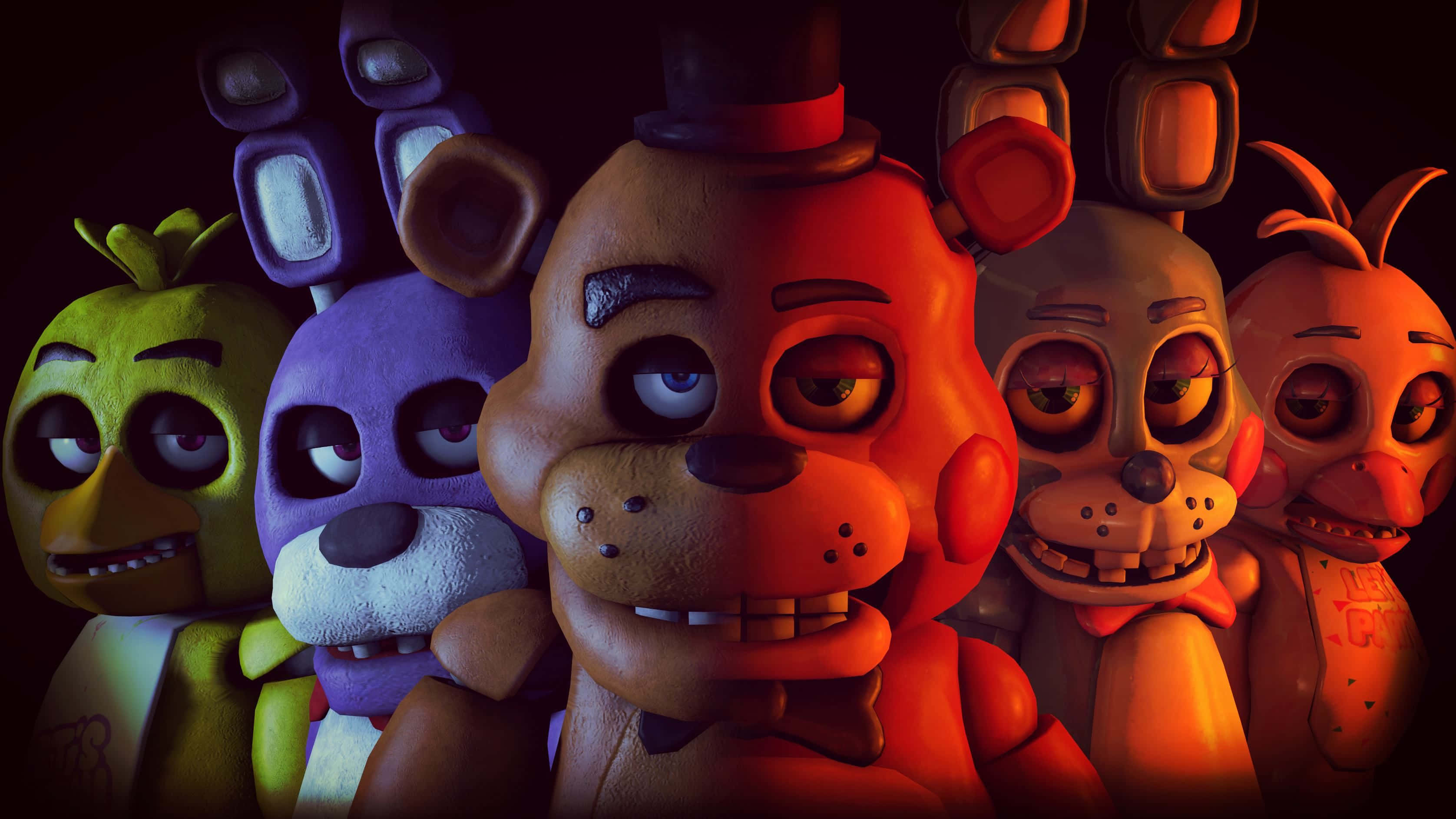 Fnaf, animated characters, red and orange lighting, 2K Desktop Wallpaper