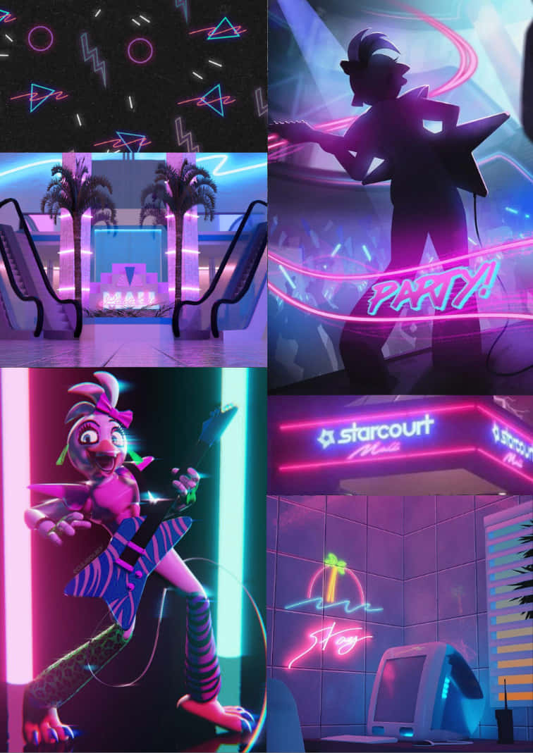 synthwave, F N A F, retro-futuristic mall, SD Phone Wallpaper