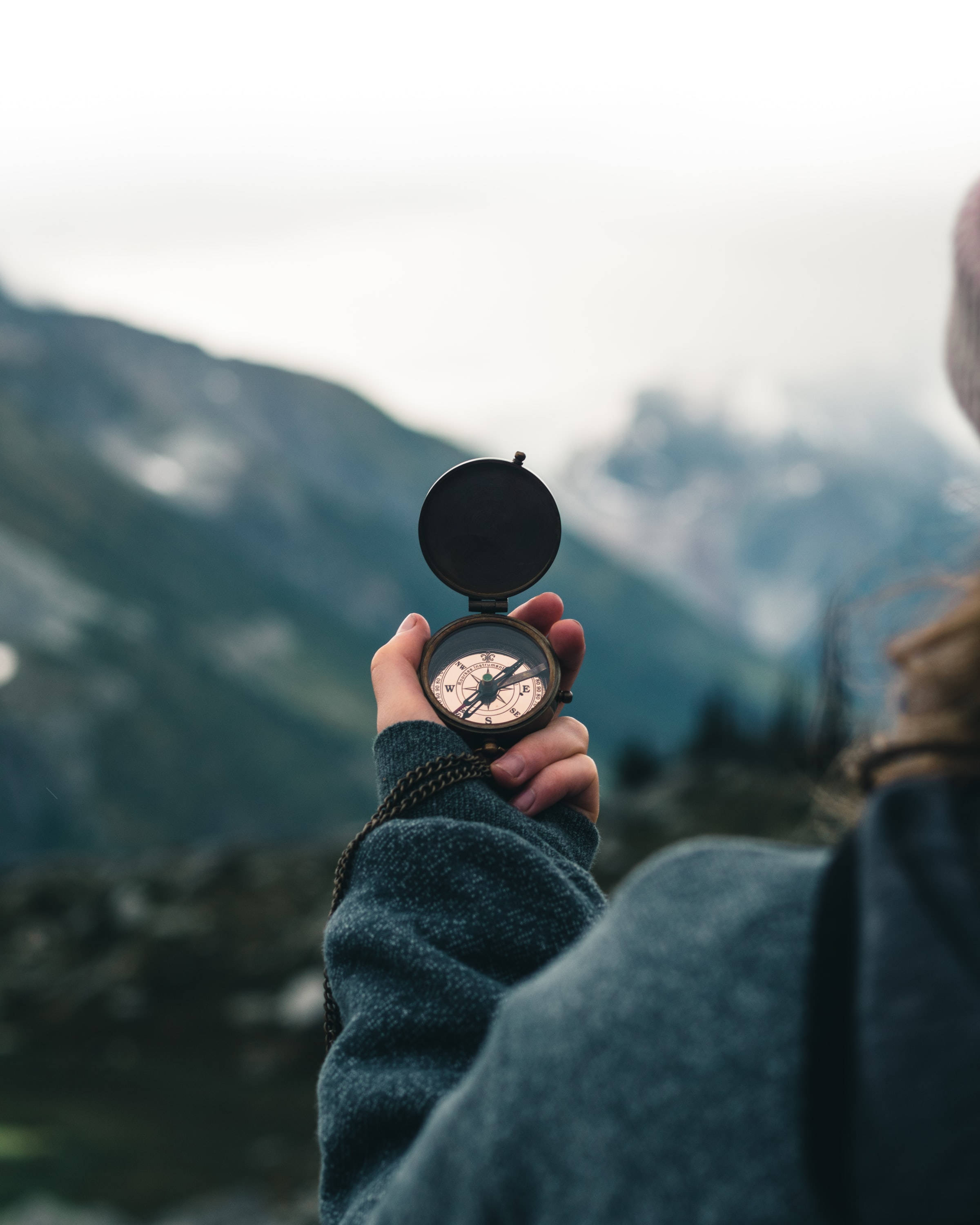 compass, vintage compass, misty mountain backdrop, 2K Phone Wallpaper